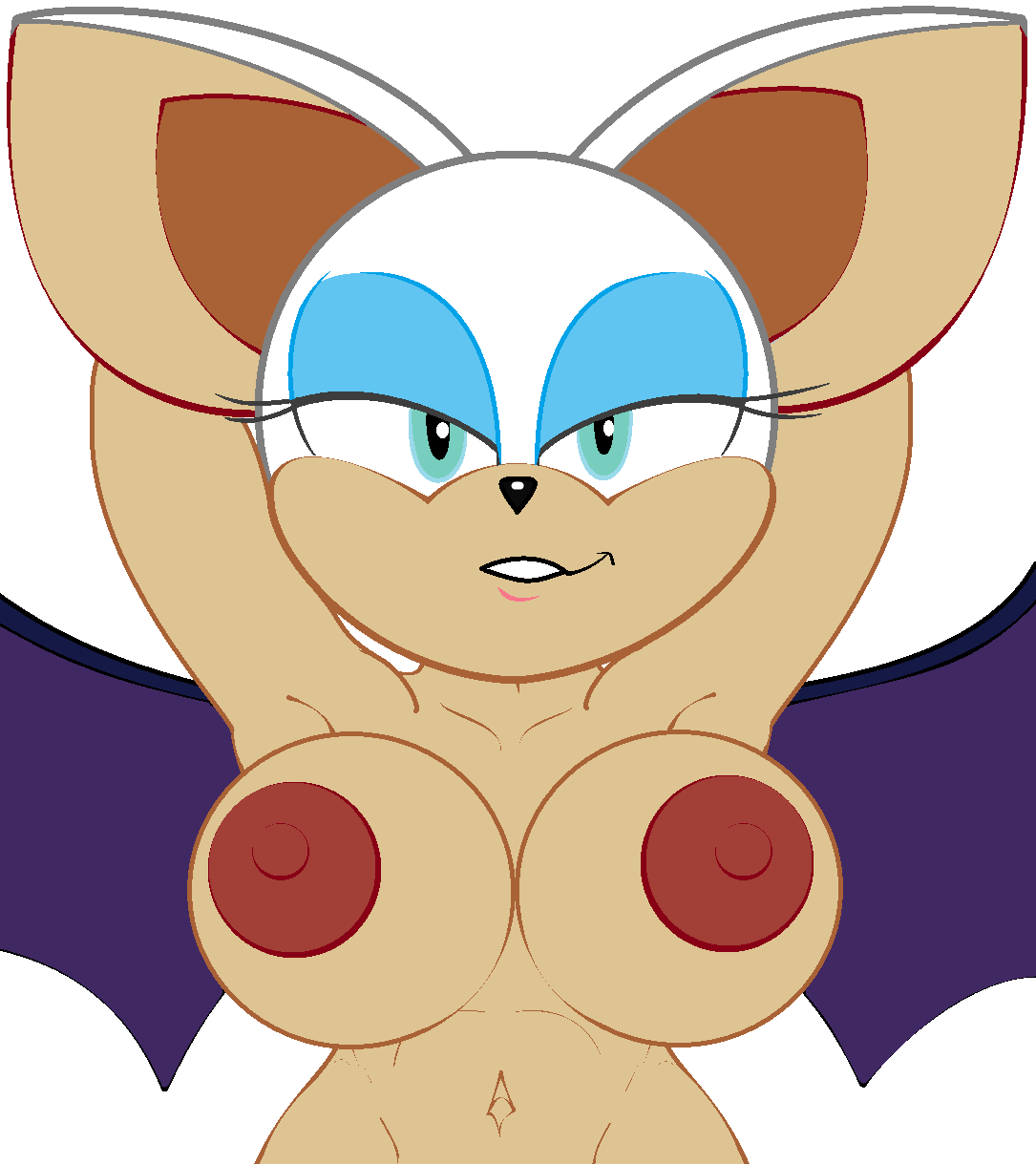 anthro areola bat big_ears big_nipples blue_eyeliner blue_eyes breasts dark_nipples eyelashes eyeliner female fur hi_res humanoid lil_scooter56 makeup mammal multicolored_body multicolored_fur narrowed_eyes navel nipples nude rouge_the_bat sega simple_background small_waist smile solo sonic_(series) sonic_the_hedgehog_(series) tan_body tan_fur tan_skin two_tone_body two_tone_fur white_body white_fur wings