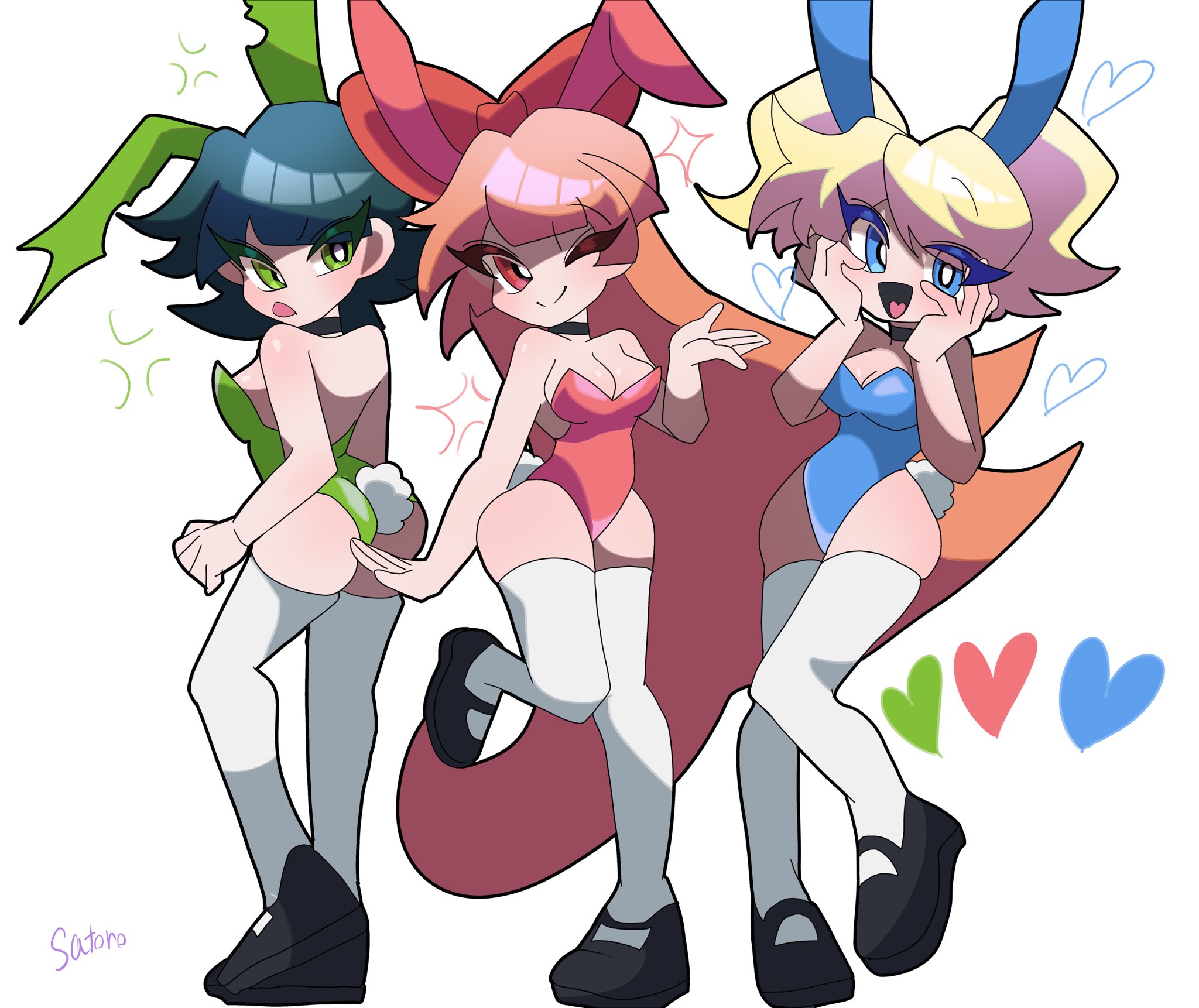 blossom (powerpuff girls), breasts, bubbles (powerpuff girls), bunny ears, bunny girl, bunnysuit, buttercup (powerpuff girls), female, long hair, looking at viewer, matching outfit, powerpuff girls, powerpuff girls z, satoro301, short hair, small breasts, thighhighs, thighs