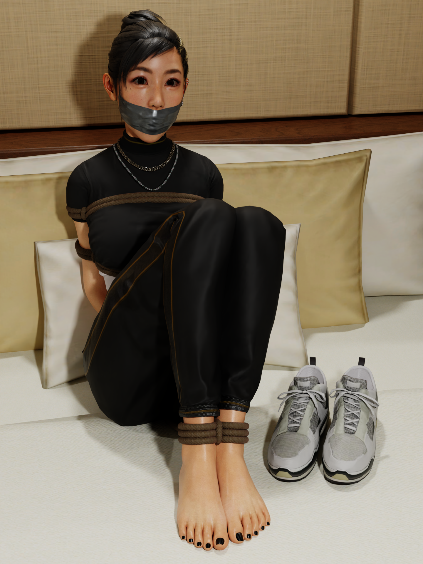 1girl, 3d, blender, bondage, chitose fujinomiya, clothed, clothed bondage, feet, gag, gagged, like a dragon (series), on bed, rope bondage, ryuu ga gotoku, taped mouth, theblendertaper, toes, yakuza (series)