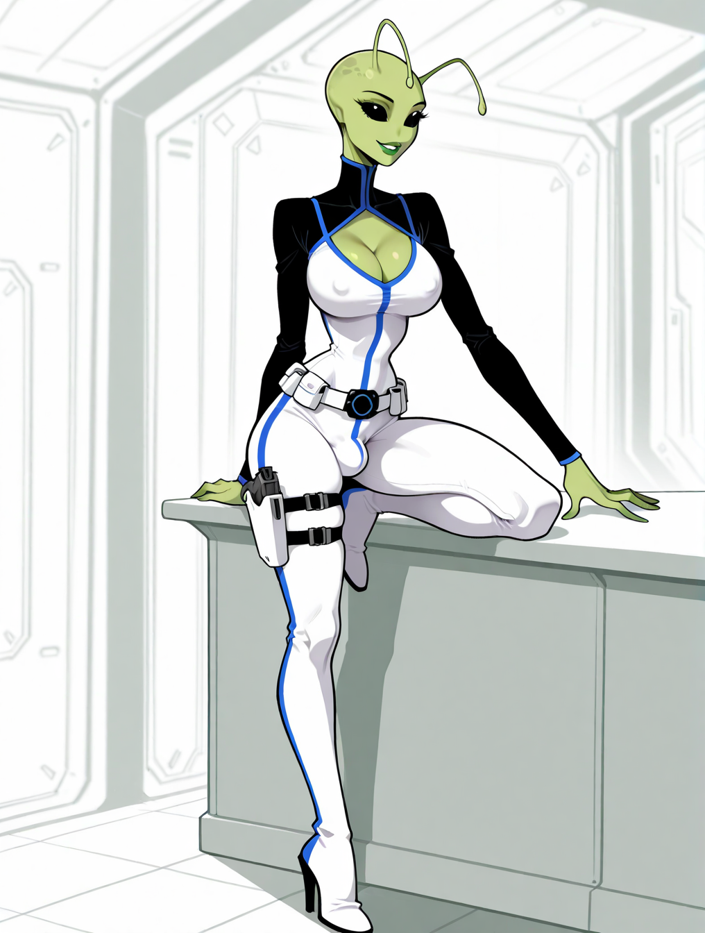 1futa 1girls against_table ai_generated alien alien_girl alien_humanoid antennae_(anatomy) arm_support bald belt black_eyes black_sleeves blue_trim bodysuit bulge cleavage cleavage_cutout clothed covered_nipples earless eyelashes futanari green_lips green_skin gynomorph high_collar high_heel_boots high_heels holster holstered_weapon indoors jimojo knee_boots large_breasts leaning light_smile long_sleeves multicolored_clothing narrow_waist no_ears no_nose no_pupils no_sclera noseless one_leg_up parted_lips science_fiction solid_eyes solo stable_diffusion standing thigh_holster utility_belt white_bodysuit