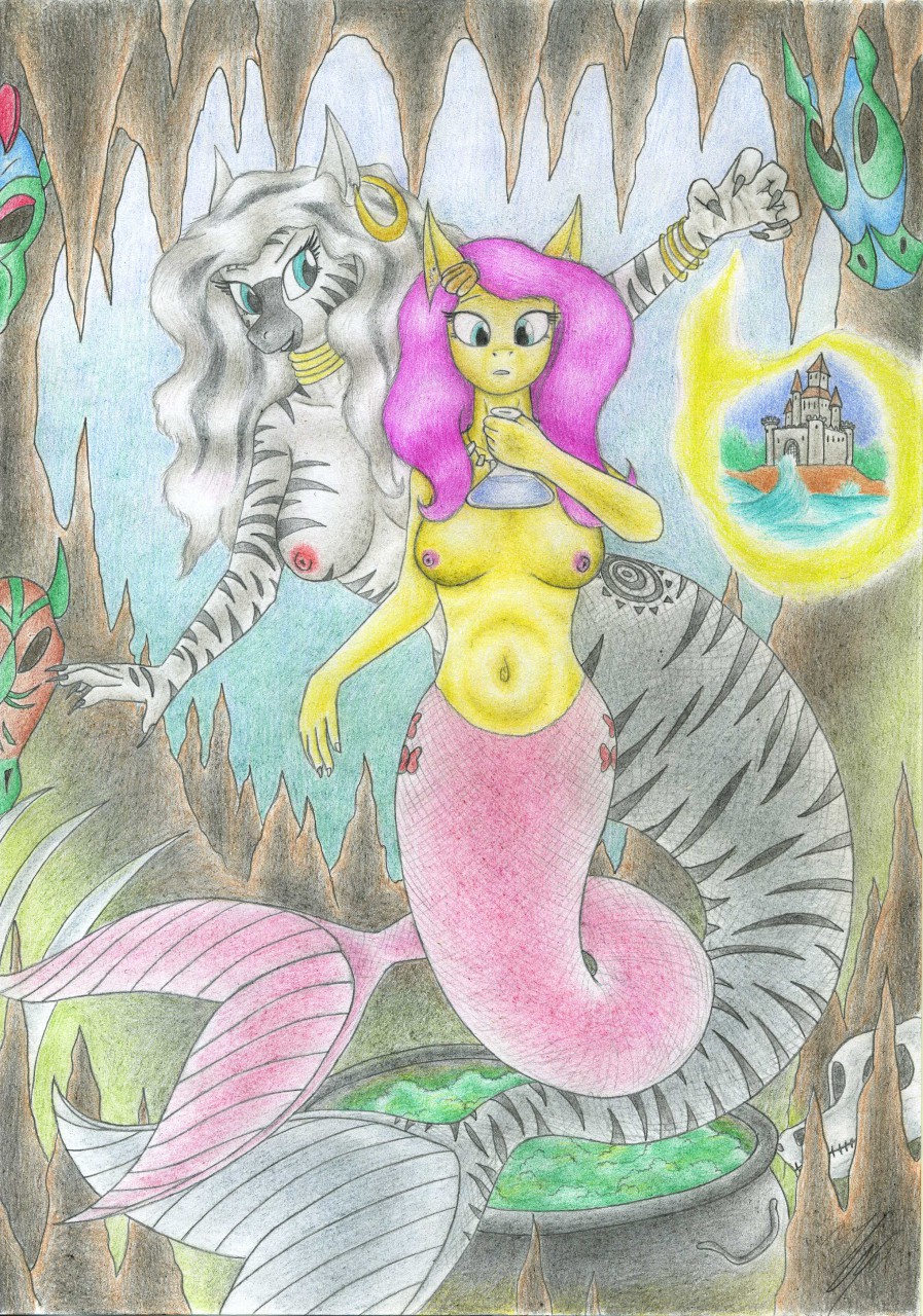 2girls alternate_species anthro breasts female fluttershy_(mlp) friendship_is_magic hans_christian_andersen hasbro marine medium_breasts mermaid mermaid_tail my_little_pony navel nipples nude ocean pony sea sinaherib tail the_little_mermaid underwater water zebra zecora_(mlp)