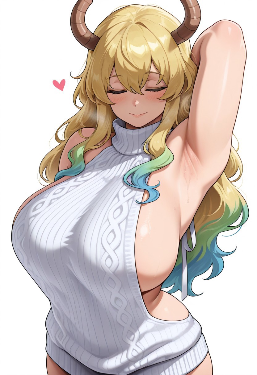 ai_generated horns large_breasts lucoa multicolored_hair quetzalcoatl_(dragon_maid) sfc virgin_killer_sweater