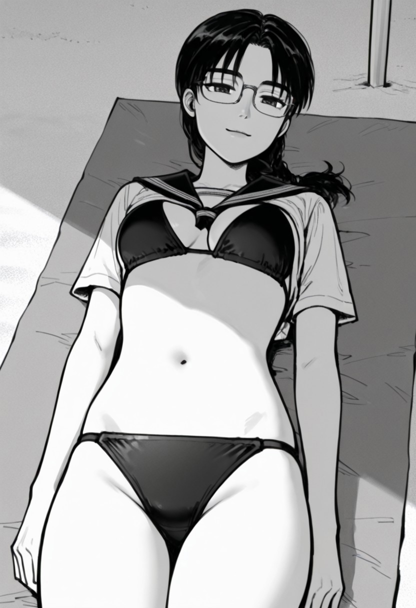 ai_generated beach_background beach_blanket best_quality black_bikini black_bikini_top cowboy_shot female glasses initial_d light_smile looking_at_viewer manga manga_style masterpiece monochrome on_back serafuku shiraishi