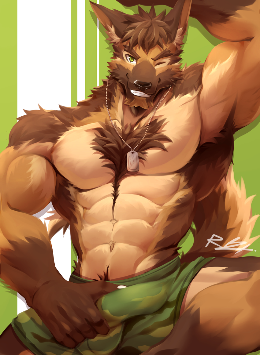 abs anthro armpit_hair bulge camo canid canine canis clothed clothing dog_tags domestic_dog fur german_shepherd hair hand_on_penis jewelry looking_at_viewer male male_only mammal muscular muscular_male necklace one_eye_closed pants pecs penis_outline rabbity smile solo topless wink