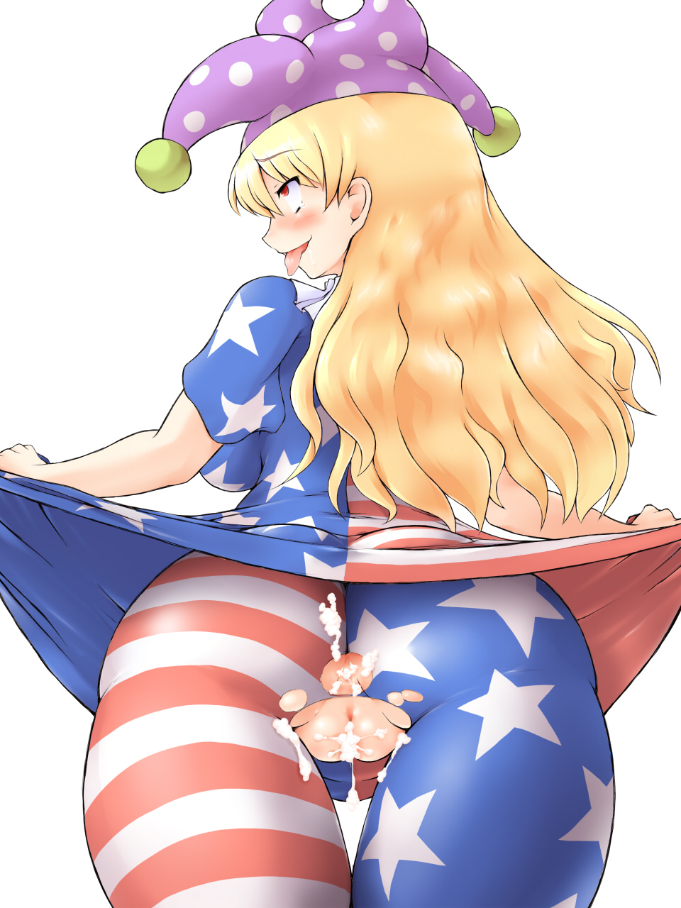 after_sex ahe_gao american_flag american_flag_legwear american_flag_shirt anus ass blonde_hair blush bondo breasts clownpiece commentary_request cum cum_in_ass cum_in_pussy cum_on_body cum_on_clothes cum_on_lower_body cumdrip dress dress_lift female hat highres jester_cap large_breasts long_hair looking_up pantyhose polka_dot_hat presenting purple_hat pussy red_eyes short_sleeves skin_tight solo striped striped_legwear tears thick_thighs thighs tongue tongue_out torn_clothes torn_legwear touhou