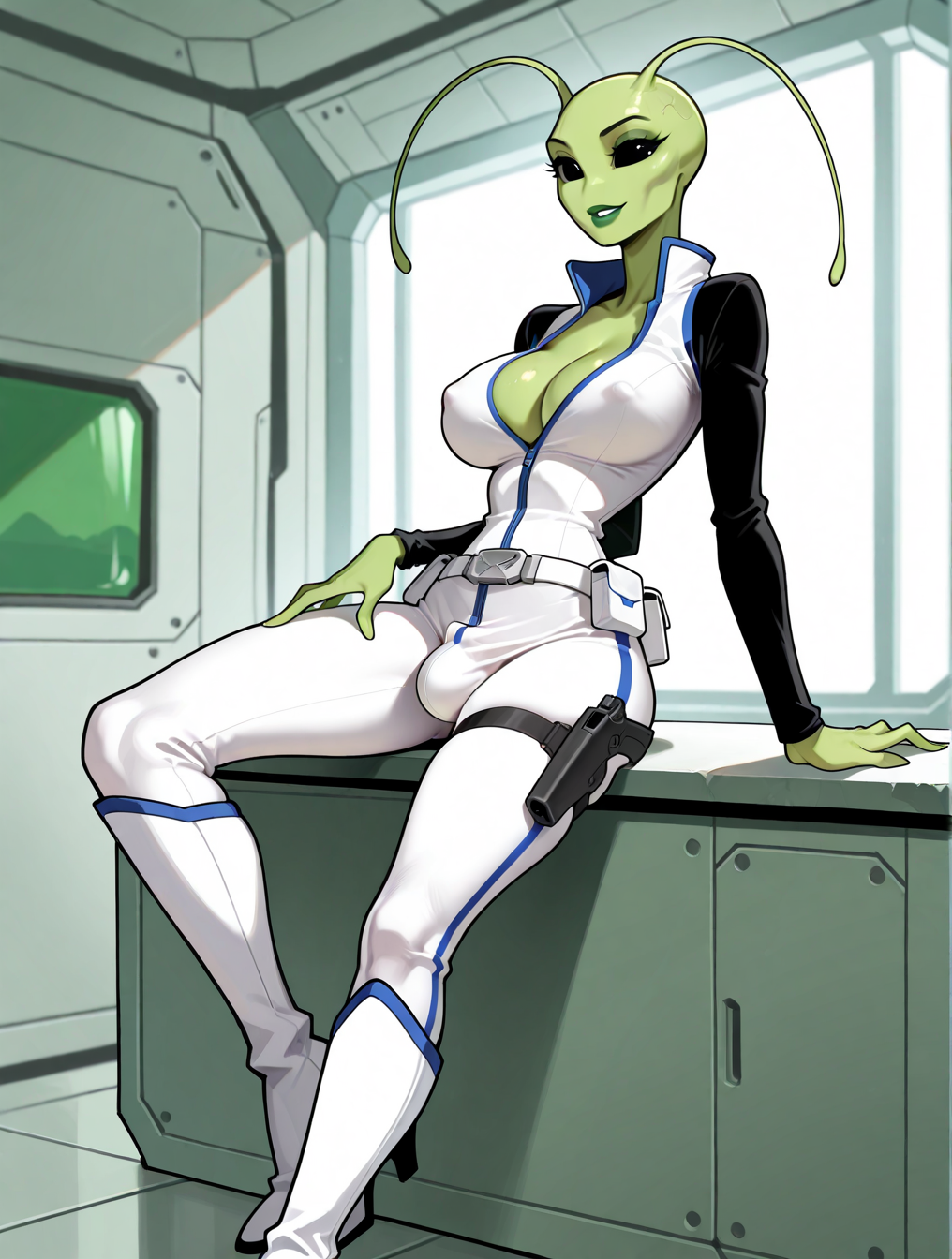 1futa 1girls against_table ai_generated alien alien_girl alien_humanoid antennae_(anatomy) arm_support bald belt black_eyes black_sleeves blue_trim bodysuit bulge cleavage clothed covered_nipples earless eyelashes futanari green_lips green_skin gynomorph high_collar high_heel_boots high_heels holster holstered_weapon indoors jimojo knee_boots large_breasts leaning light_smile long_sleeves multicolored_clothing narrow_waist no_ears no_nose no_pupils no_sclera noseless parted_lips science_fiction solid_eyes solo stable_diffusion standing thigh_holster utility_belt white_bodysuit