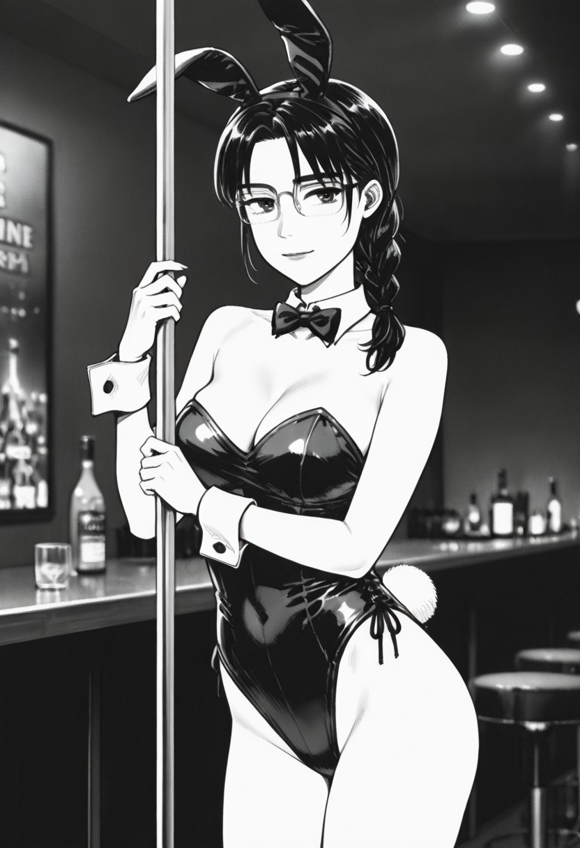 ai_generated best_quality black_and_white_manga_style black_leotard bowtie bunny_ears bunny_girl bunny_tail cowboy_shot female glasses initial_d light_smile looking_at_viewer manga manga_style masterpiece monochrome nightclub performing_seductively seductive_look seductive_smile serafuku shiraishi stripper_pole wrist_cuffs