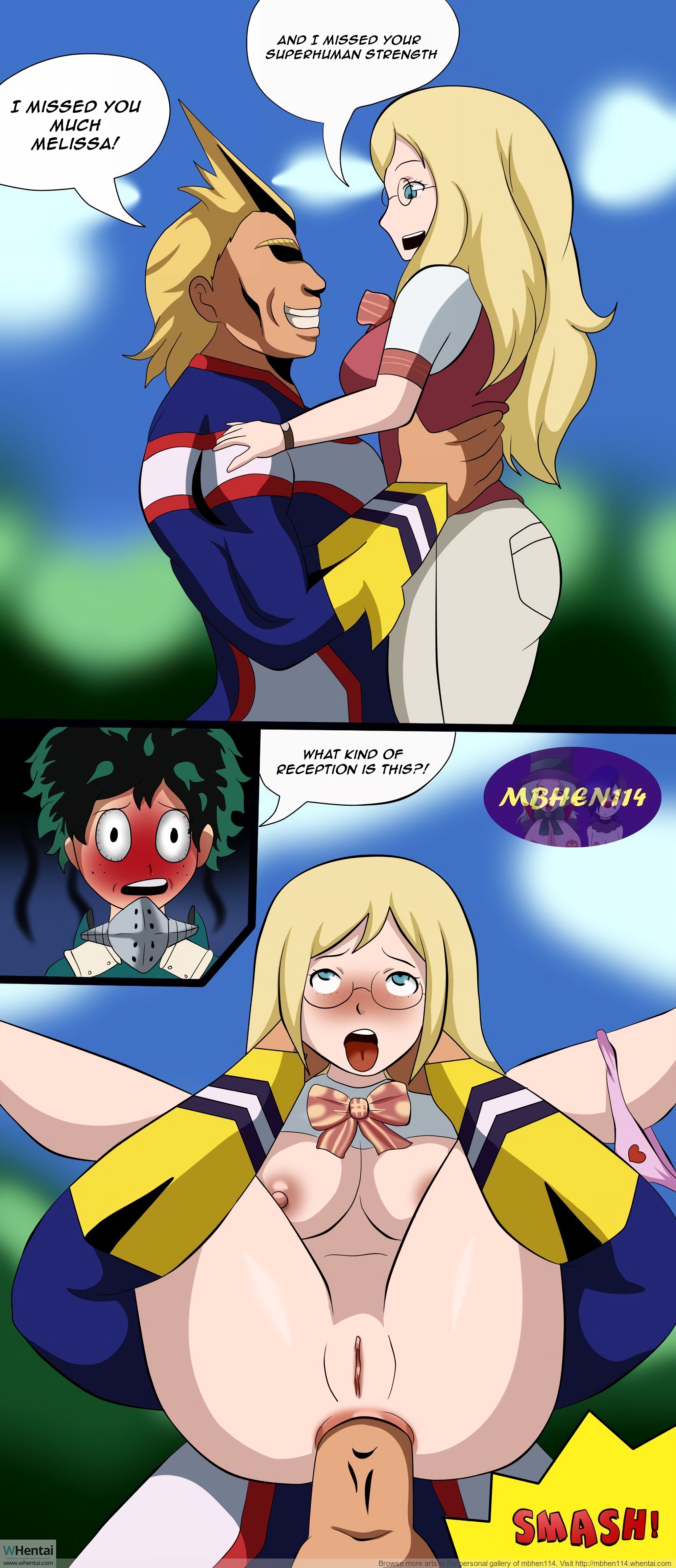 1girls, 2boys, age difference, all might, anal, anal penetration, anal sex, asian male white female, blonde hair, blush, boku no hero academia, breasts, caught, caught in the act, confused, english text, female, green hair, hero outfit (mha), instant loss 2koma, izuku midoriya, male, mbhen114, melissa shield, midoriya izuku, my hero academia, my hero academia: two heroes, older male, pussy, scene interpretation, scene reference, sex, smile, tagme, text, toshinori yagi, yagi toshinori, younger female