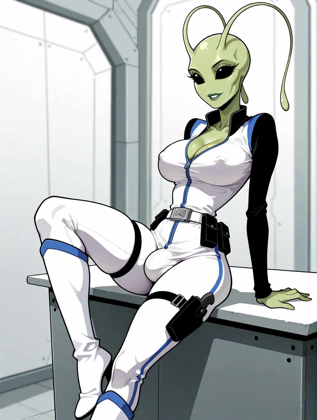 1futa 1girls against_table ai_generated alien alien_girl alien_humanoid antennae_(anatomy) arm_support bald belt black_eyes black_sleeves blue_trim bodysuit bulge cleavage clothed covered_nipples earless eyelashes futanari green_lips green_skin gynomorph high_collar high_heel_boots high_heels holster holstered_weapon indoors jimojo knee_boots large_breasts leaning leaning_back leg_up light_smile long_sleeves multicolored_clothing narrow_waist no_ears no_nose noseless parted_lips science_fiction solo stable_diffusion standing thigh_holster utility_belt white_bodysuit