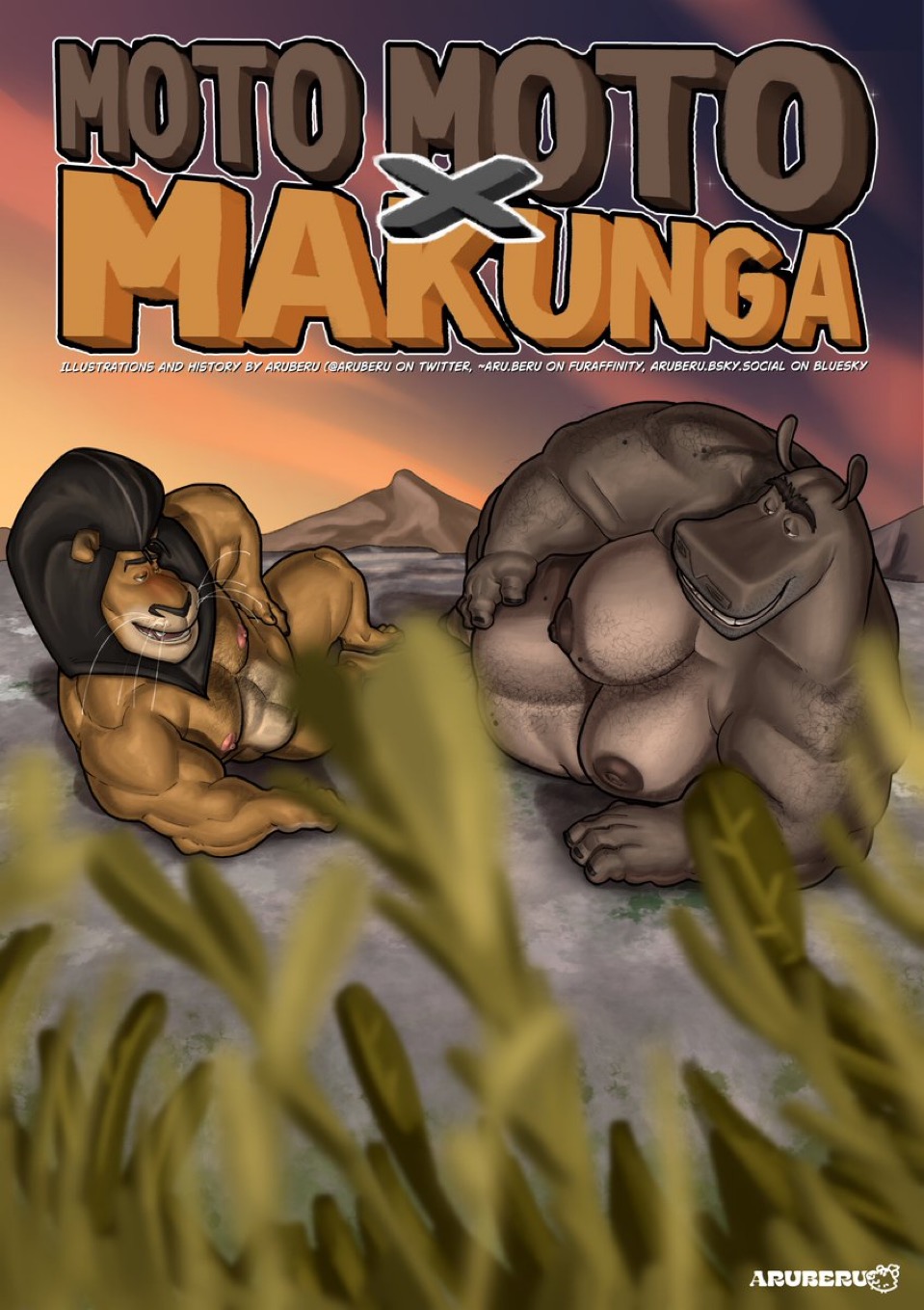 anthro aruberu comic common_hippopotamus dreamworks dreamworks_animation duo english_text felid hi_res hippopotamid lion madagascar_(series) madagascar_escape_2_africa makunga male male/male mammal moobs moto_moto muscular muscular_male navel nipples nude overweight overweight_male pantherine paramount_pictures text