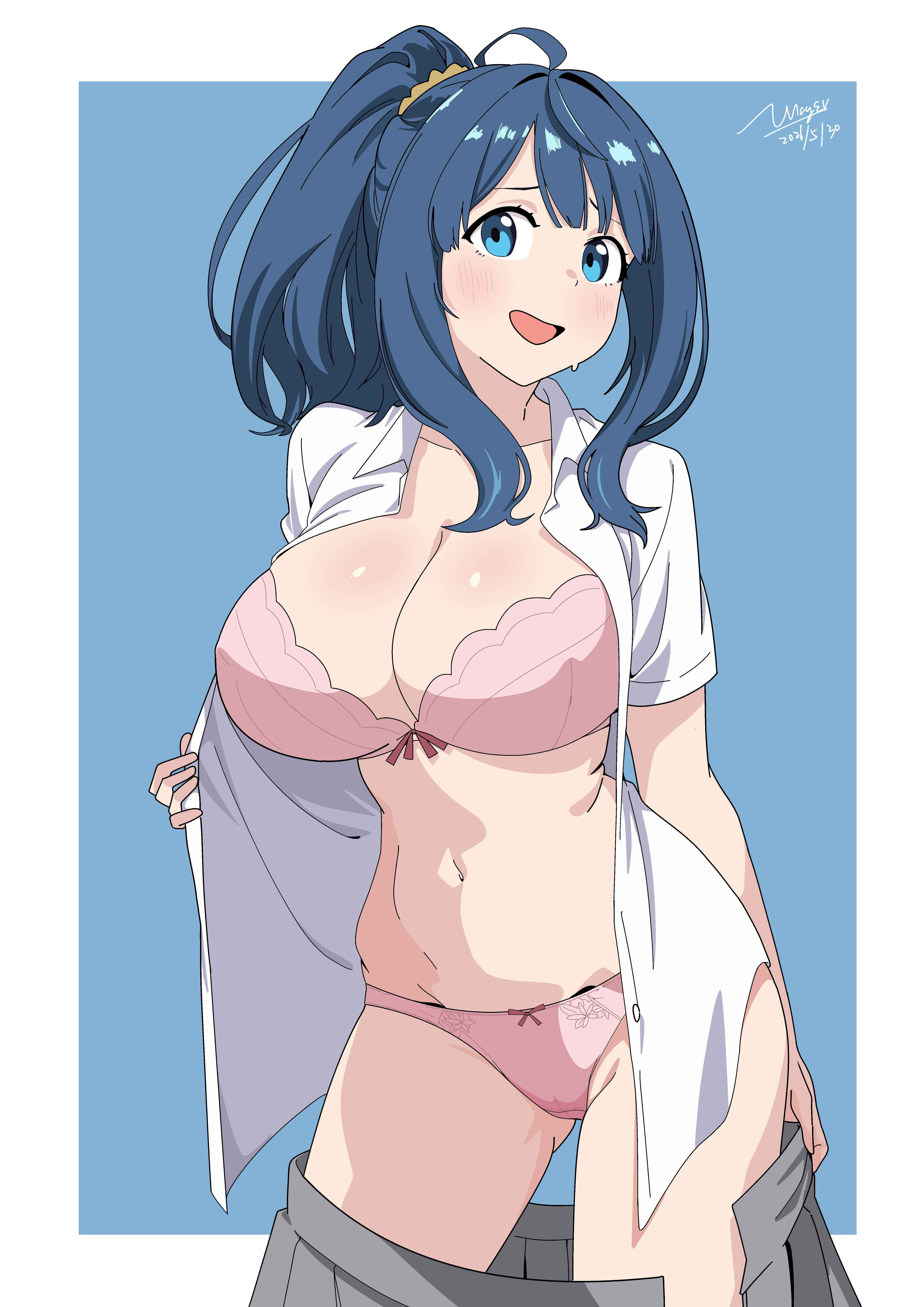 1girls, alternate hairstyle, artist name, big breasts, blue eyes, blue hair, blush, bra, breasts, busty, cameltoe, cleavage, dated, female, female only, female torso, highres, large breasts, legs, looking at viewer, make heroine ga oo sugiru!, medium hair, open clothes, open shirt, opened by self, panties, pink bra, pink panties, ponytail, pose, posing, school uniform, schoolgirl, schoolgirl uniform, sensual, sexy, sexy pose, skirt, smile, solo, sweatdrop, thighs, underwear, undressing, voluptuous, yanami anna