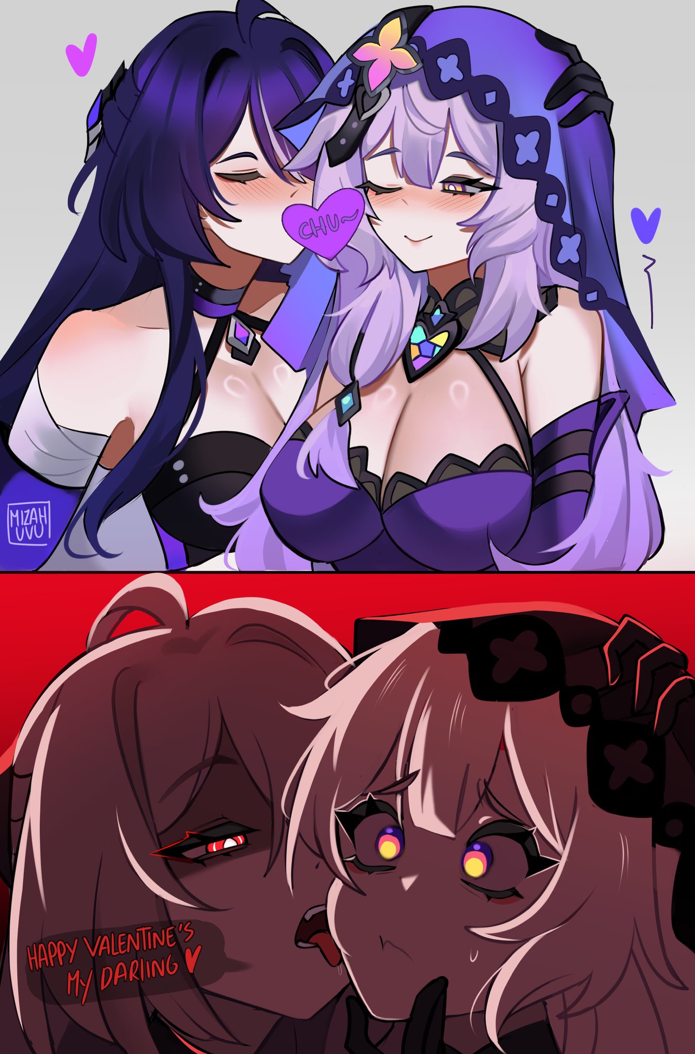 acheron_(honkai:_star_rail) big_breasts big_breasts big_breasts black_swan_(honkai:_star_rail) breasts breasts breasts cleavage clothed clothes clothing comic dominant_female hand_on_head honkai:_star_rail kiss_on_cheek kissing licking licking mizah scared submissive_female sweat sweatdrop valentine's_day yuri