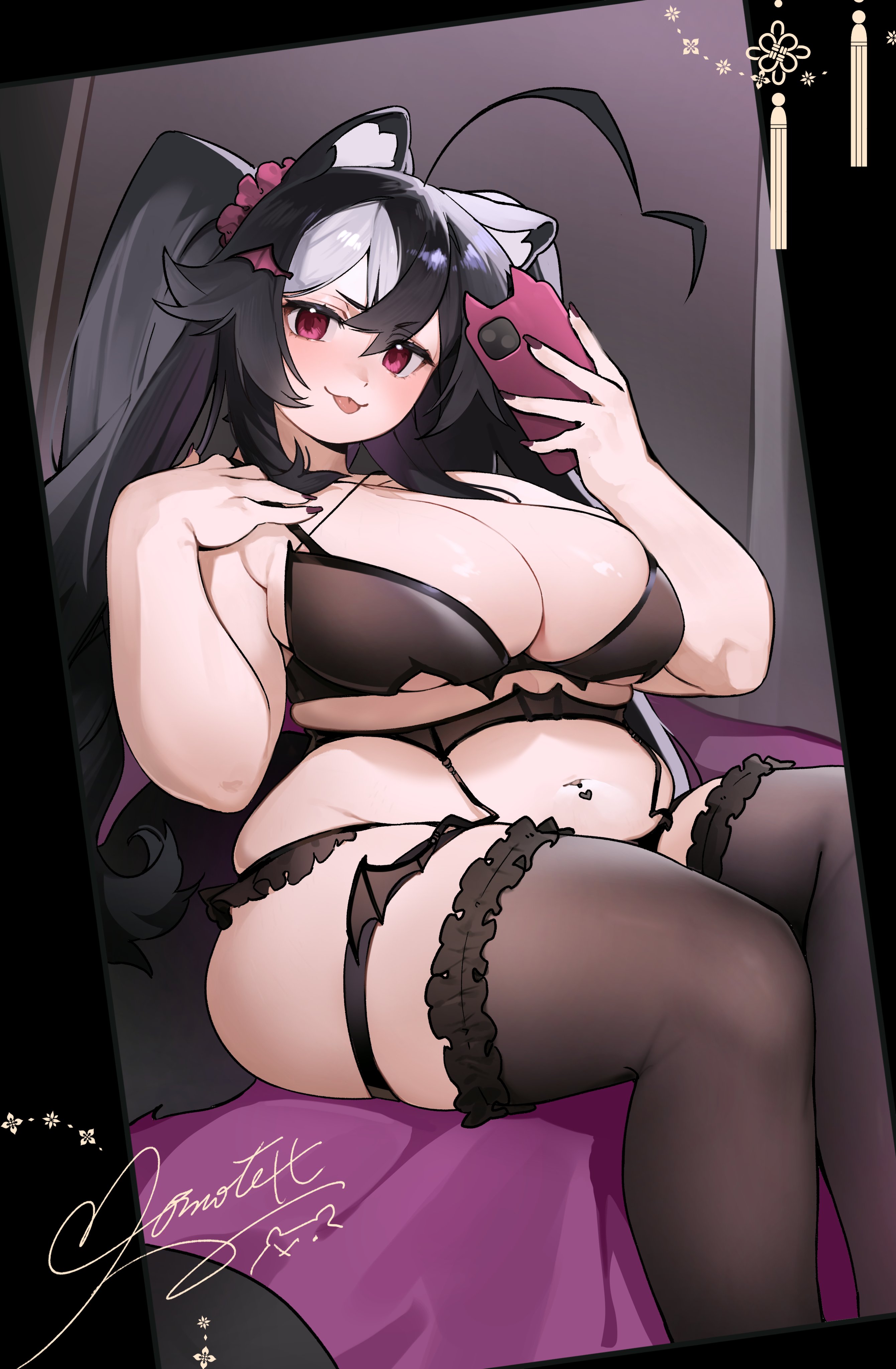 :3, :p, 1girls, animal ears, bbw, black hair, black legwear, black thighhighs, blush, bra, breasts, cellphone, chubby, curvy, female, garter belt, garter straps, huge breasts, letterboxed, lingerie, long hair, looking at viewer, momotexx (artist), momotexx (vtuber), navel piercing, phone, plump, purple nails, red eyes, signature, smartphone, solo, streaked hair, taking selfie, thighhighs, underwear, v-shaped eyebrows, virtual youtuber, voluptuous, vyugen