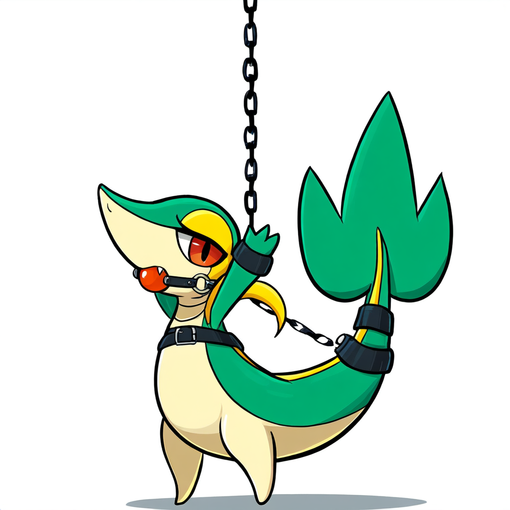 1:1 ai_generated ambiguous_gender ball_gag bondage bondage bound chains female feral gag gagged generation_5_pokemon green_body harness hellsonger hi_res looking_at_viewer nintendo pokemon pokemon_(species) red_eyes reptile scalie simple_background slit_pupils snivy solo submissive white_background