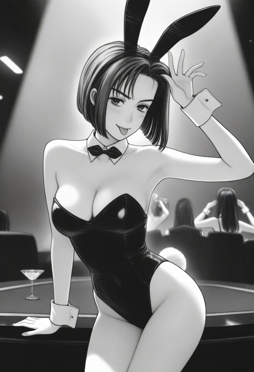 ai_generated best_quality black_leotard bowtie bunny_ears bunny_girl bunny_tail female initial_d light_smile looking_at_the_viewer masterpiece monochrome natsuki_mogi nightclub open_mouth sexy_pose sitting wrist_cuffs