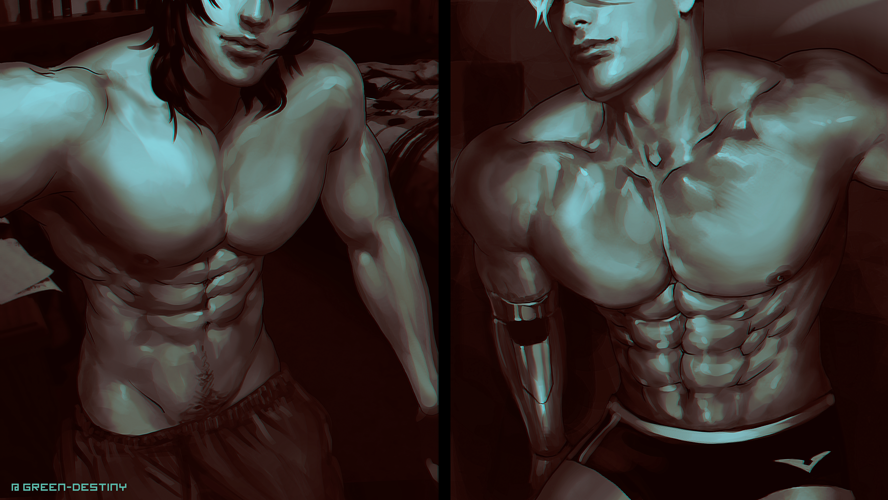 2boys abs artist_name biceps black_hair eyes_out_of_frame green_destiny keith_kogane male male_focus male_only mechanical_arm muscular muscular_arms muscular_male nipples pecs pectorals pubes pubic_hair scar scar_on_face shirtless shirtless_male takashi_shirogane thighs topless topless_male underwear voltron voltron:_legendary_defender