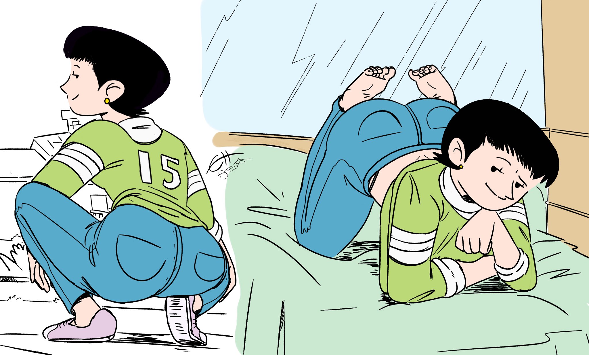 1girls, all fours, barefoot, black hair, color-it-in, color-it-in (cii), earrings, elbow rest, family circus, female, jeans, short hair, soles, solo, squatting, the pose, thelma keane, top-down bottom-up
