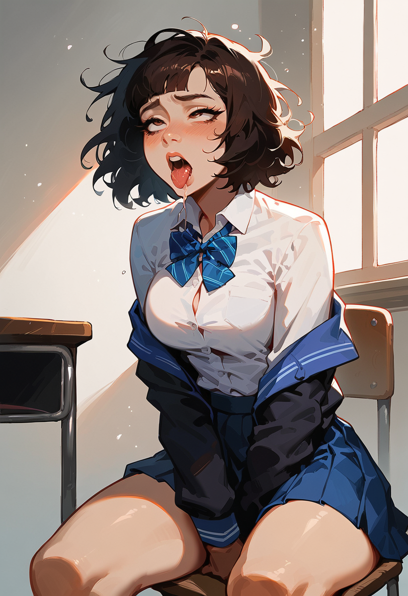 ai_generated blue_bow blue_eyes female on_chair school_uniform short_hair