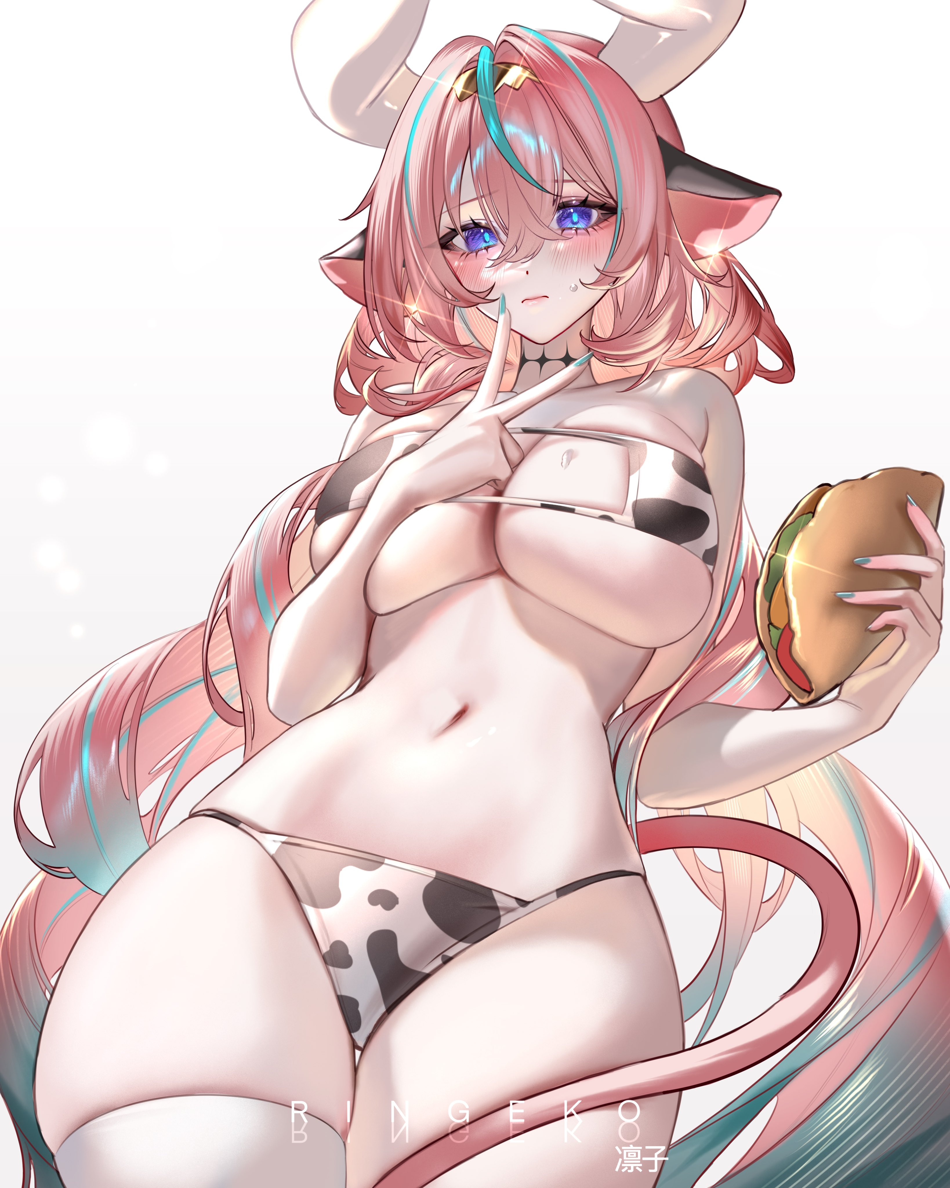 1girls, animal ears, big breasts, breasts, cow girl, cow print, cow print bikini, eyepatch bikini, female, female only, genshin impact, horns, hourglass figure, kemonomimi, large breasts, light skin, light-skinned female, long hair, nail polish, ringeko chan, slim waist, tail, thighhighs, varesa (genshin impact), wide hips