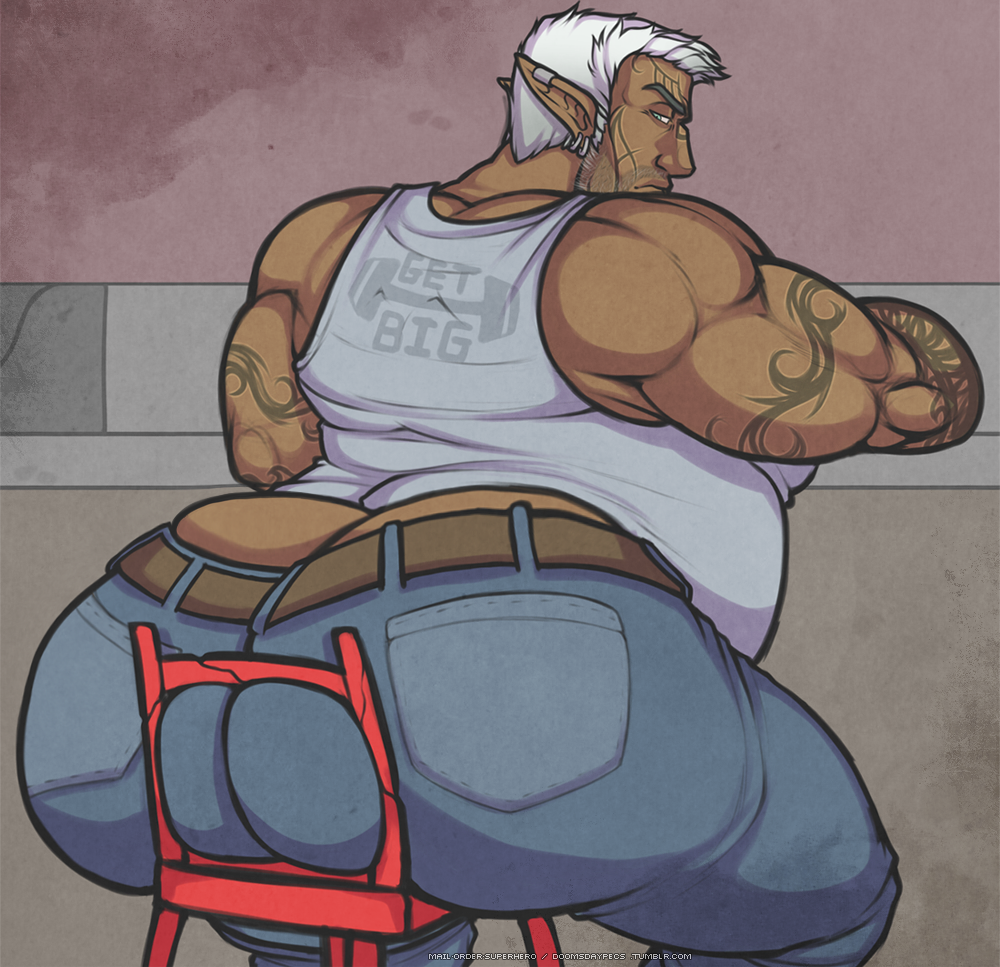 ass_cleavage bara bara_ass belt big_ass big_ass_(male) big_butt big_thighs blue_eyes bubble_ass bubble_butt butt_crack ceran chair chubby clothing ear_piercing elf facial_hair fat_ass fat_butt huge_ass huge_butt jeans large_ass large_butt looking_over_shoulder mail_order_superhero male male_only massive_ass massive_butt muscles muscular original_character plump_ass plump_butt pointy_ears round_ass round_butt stubble superchub tan_skin tanktop tattoo tattoos thick_ass thick_butt tight_clothing white_hair