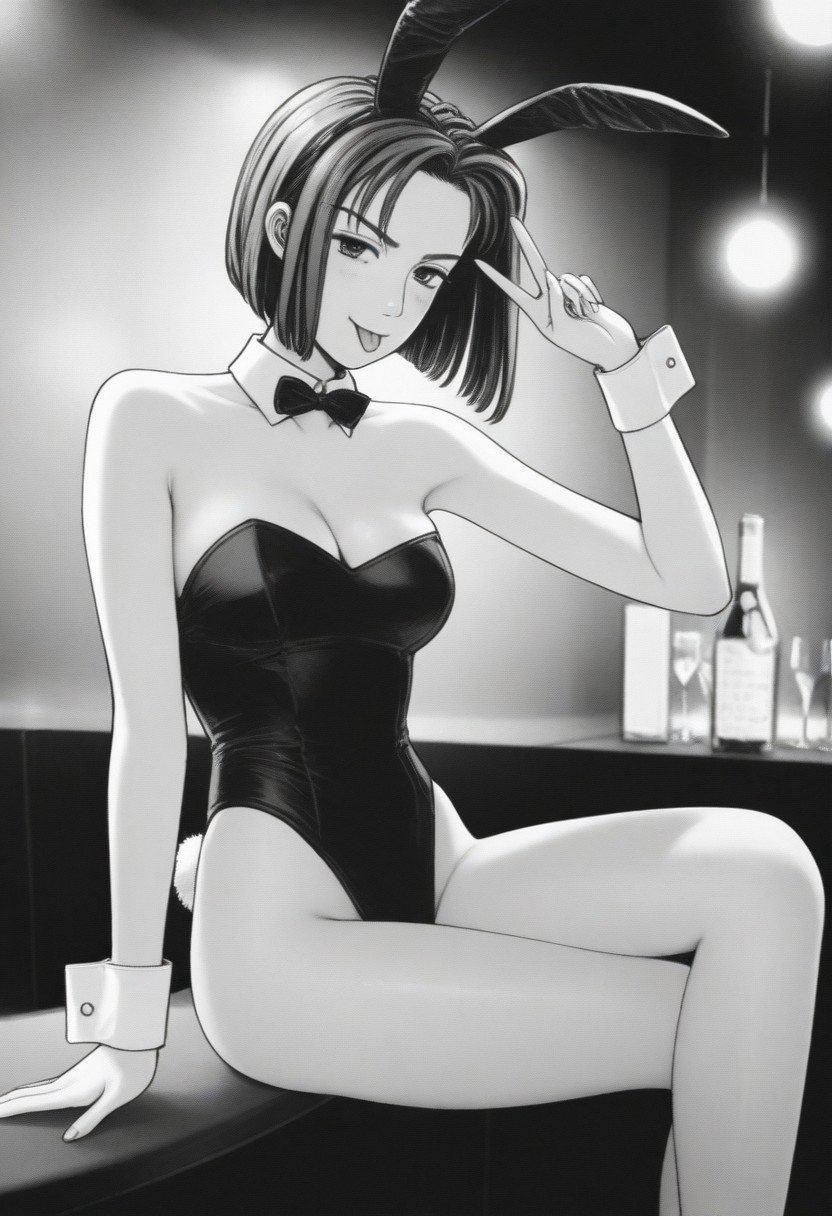 ai_generated best_quality black_leotard bowtie bunny_ears bunny_girl bunny_tail female initial_d light_smile looking_at_viewer masterpiece monochrome natsuki_mogi nightclub open_mouth sexy_pose sitting wrist_cuffs