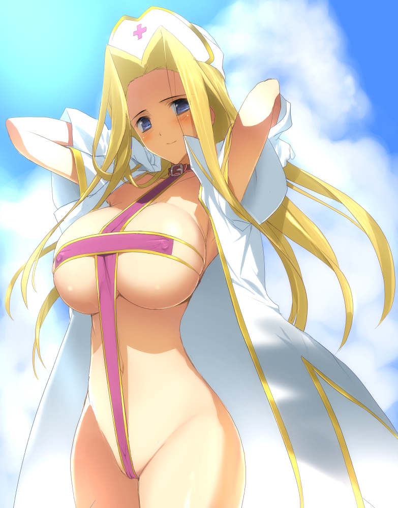 1girls 2015 arms_behind_head arms_up belt_collar bikini blonde_hair blue_eyes blush breasts cape cleavage cloud collar cross cross_swimsuit female female_only gloves hat highres hima large_breasts long_hair looking_at_viewer mint_adenade navel nipple_bulge outdoors pink_bikini sky sling_bikini smile solo standing swimsuit tales_of_(series) tales_of_phantasia underboob very_long_hair white_gloves