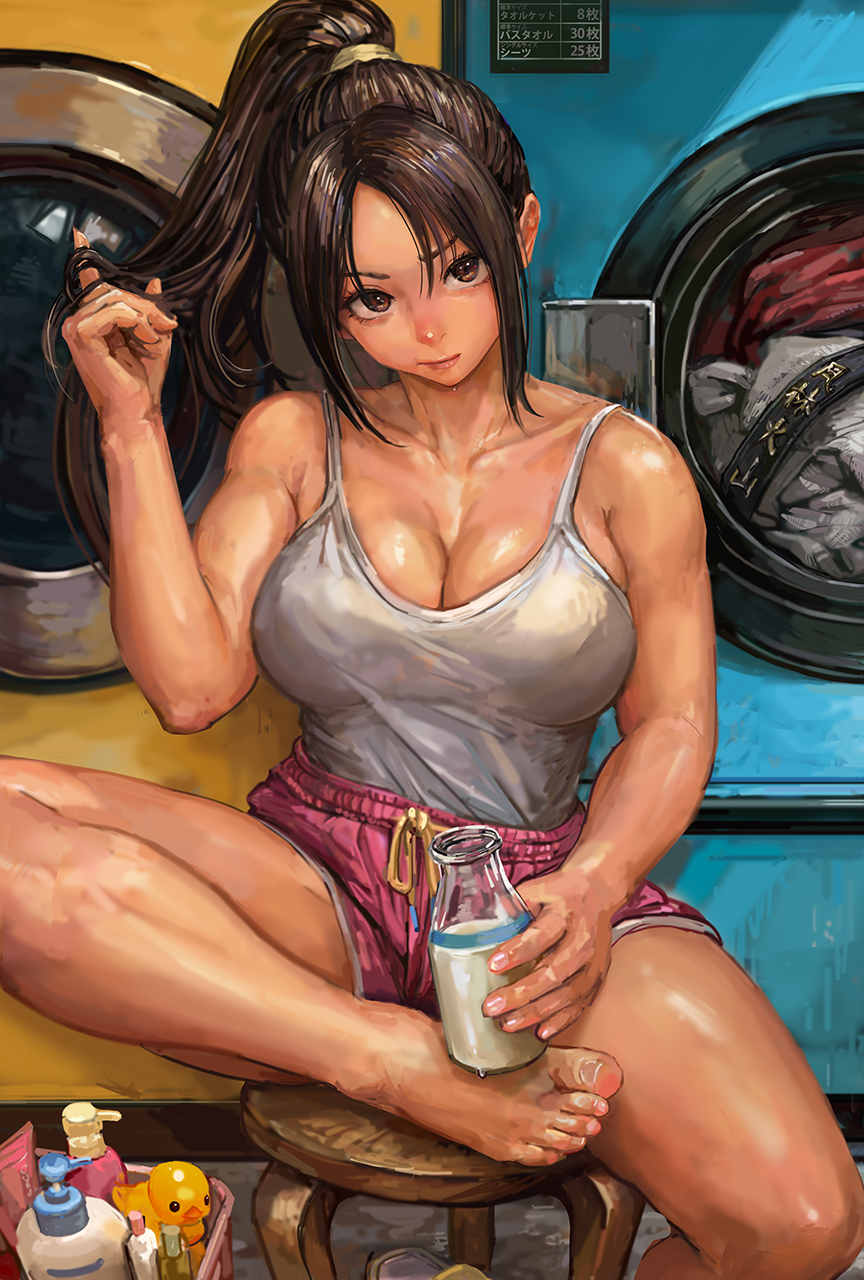 2d 2d_(artwork) after_shower bare_legs bare_shoulders barefoot big_breasts brown_hair casual casual_clothes crossed_legs detailed embarrassed embarrassed_female fatal_fury feet highly_detailed king_of_fighters laundry long_hair mai_shiranui michemashu milk milk_bottle playing_with_hair shorts sleeveless_shirt spread_legs street_fighter street_fighter_6 tagme thick_thighs tied_hair