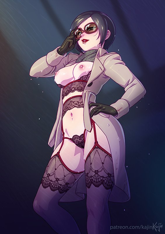 1girls, ada wong, ada wong (adriana), adjusting eyewear, adjusting glasses, areolae, asian, black hair, breasts, brown-tinted eyewear, capcom, clothing, coat, exposed breasts, female, female only, glasses, hair, kajinman, lingerie, nipples, panties, resident evil, resident evil 2, solo, sunglasses, tinted eyewear, video games