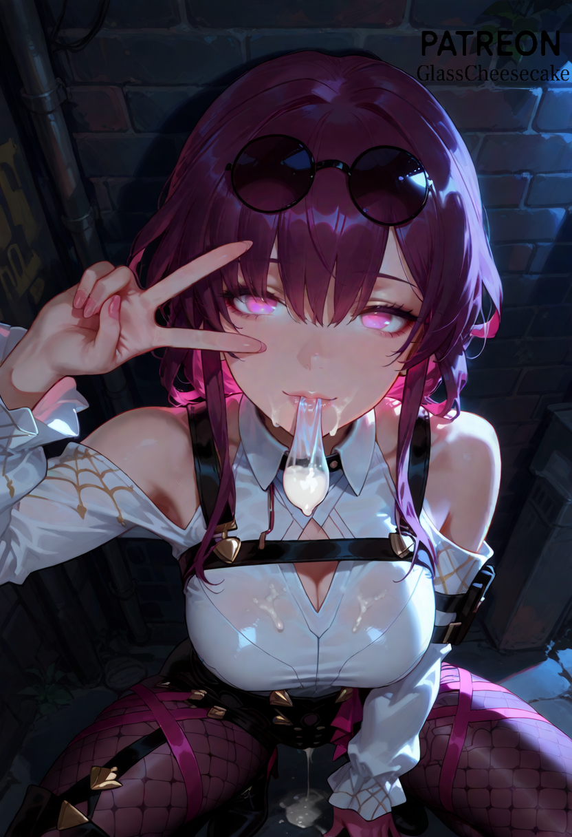 ai_generated alley clothing condom_in_mouth cum dripping_cum eyewear_on_head female filled_condom fishnet_legwear fishnets glasscheesecake glasses_on_head honkai:_star_rail kafka_(honkai:_star_rail) looking_at_viewer medium_breasts medium_hair outdoors patreon patreon_logo patreon_username purple_eyes purple_hair solo squatting v_sign viewed_from_above