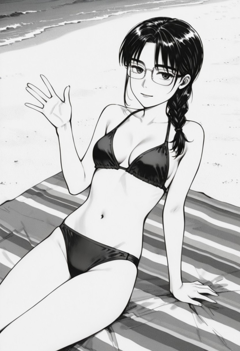 ai_generated beach_background beach_blanket best_quality black_bikini black_bikini_top closed_eyes cowboy_shot female glasses initial_d light_smile looking_at_viewer manga manga_style masterpiece monochrome serafuku shiraishi sitting waving