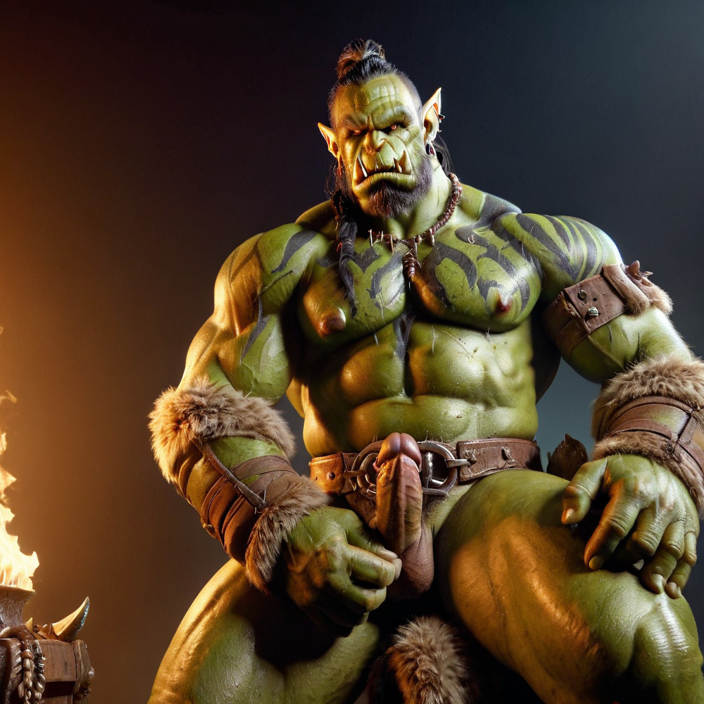 bara big_muscle big_penis erection green_skin huge_cock ia_generated male muscular_male orc orc_male orced penis