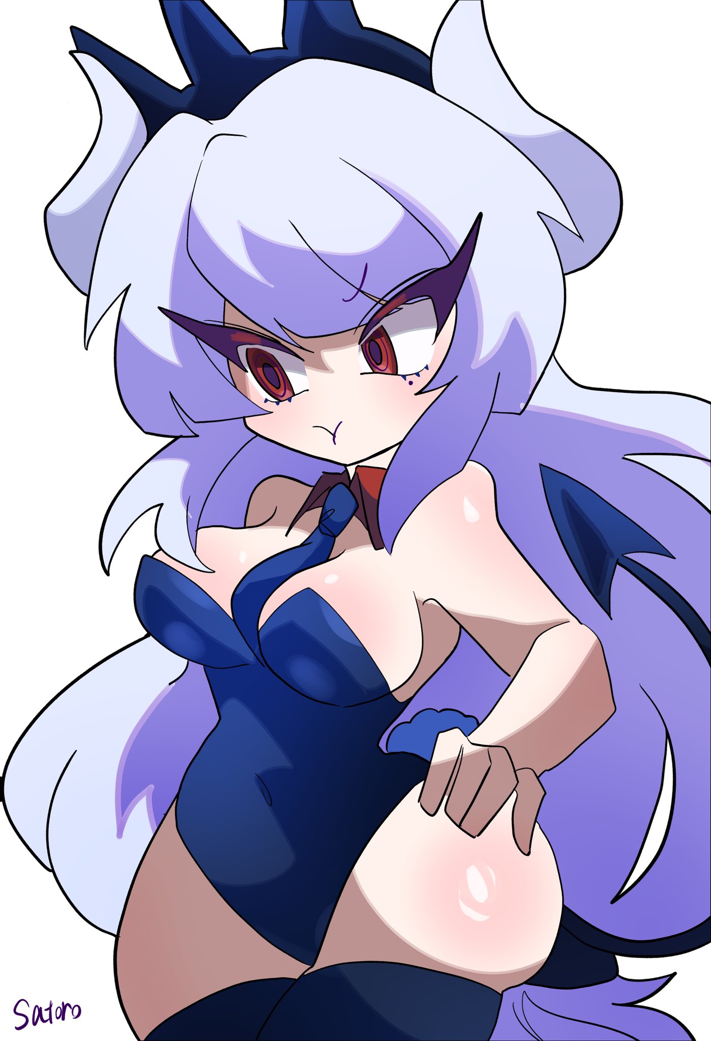1girls, breasts, bunny girl, bunnysuit, female, helltaker, lucifer (helltaker), satoro301, tagme, thick thighs, thighhighs, thighs, white hair