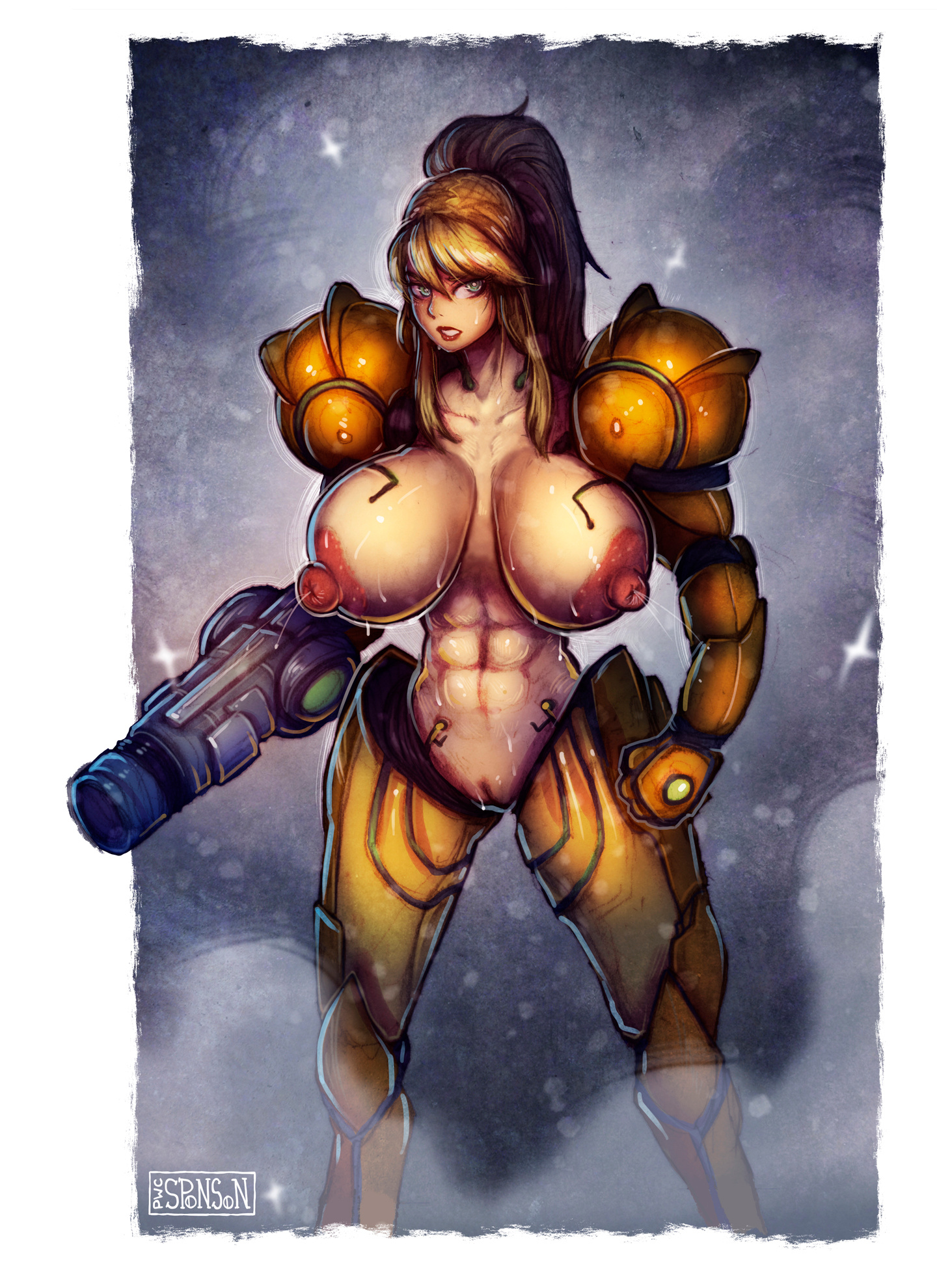 1girls, abs, armor, big breasts, big nipples, blonde hair, blue eyes, bottomless, breasts, casual, casual nudity, exhibitionism, female, female only, fit, fit female, functionally nude, hi res, highres, metroid, milk, muscles, muscular, muscular female, nintendo, nude, power suit, pussy, pwcsponson, samus aran, solo, sweat, sweatdrop, tagme, topless, varia suit