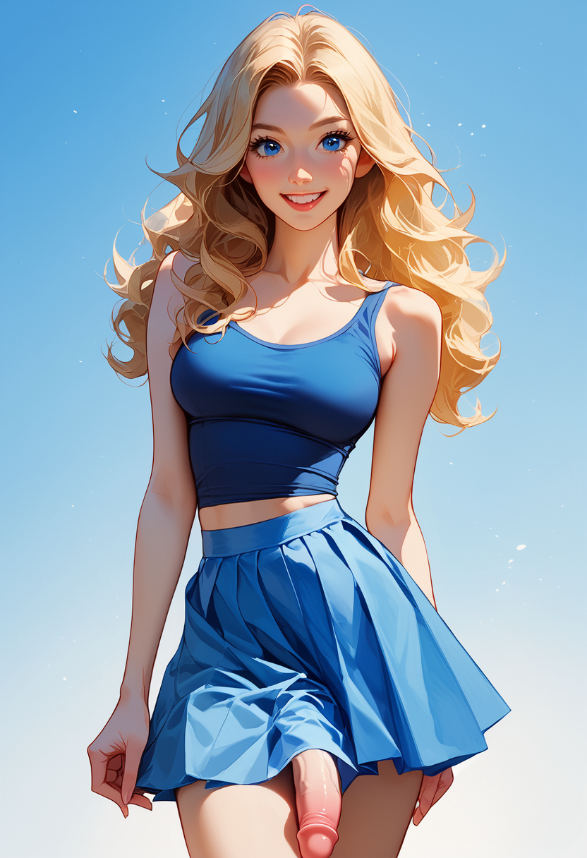 1futa ai_generated blonde_hair blue_dress blue_eyes blue_skirt blue_tank_top blue_topwear breasts clothed cowboy_shot flipped_hair front_view futa_only futanari gradient_background high-waist_skirt huge_cock long_penis medium_breasts midriff penis penis_out pleated_skirt skirt smile solo standing tank_top