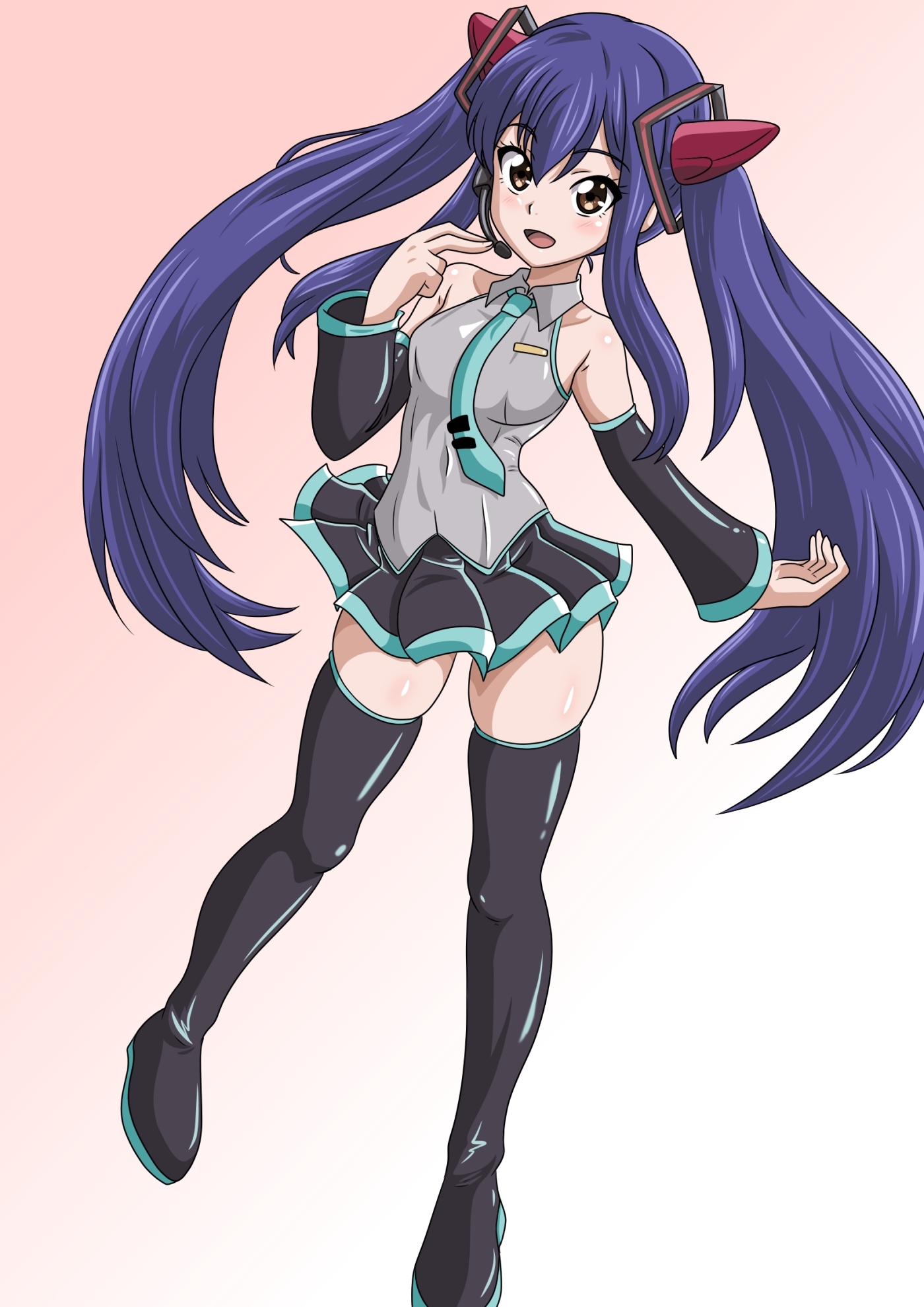 1girl, 1girls, blonde hair, blue hair, blush, boots, breasts, brown eyes, cosplay, detached sleeves, fairy tail, female, female only, hatsune miku, hatsune miku (cosplay), headset, long hair, looking at viewer, necktie, open mouth, sesshoalex, skirt, smile, solo, thigh boots, thighhighs, twintails, very long hair, vocaloid, wendy marvell