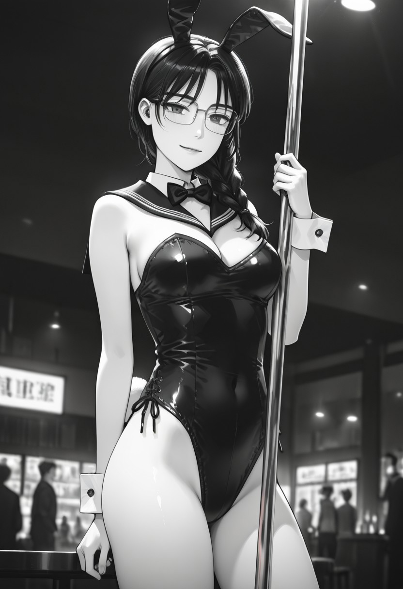 ai_generated best_quality black_and_white_manga_style black_leotard bowtie bunny_ears bunny_girl bunny_tail cowboy_shot female glasses initial_d light_smile looking_at_viewer manga manga_style masterpiece monochrome nightclub performing_seductively seductive_look seductive_smile serafuku shiraishi stripper_pole wrist_cuffs