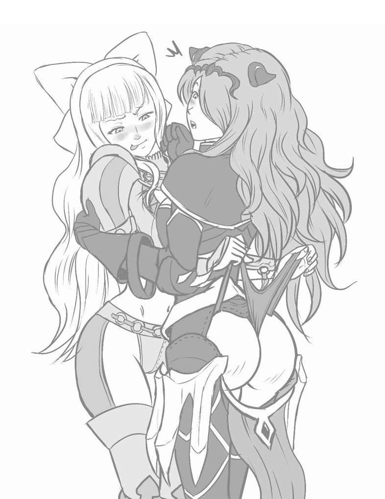 2girls, armor, ass, breasts, camilla (fire emblem), charlotte (fire emblem), female, fire emblem, fire emblem fates, hair ornament, monochrome, nintendo, smile, tongue, tongue out, wedgie, yuri