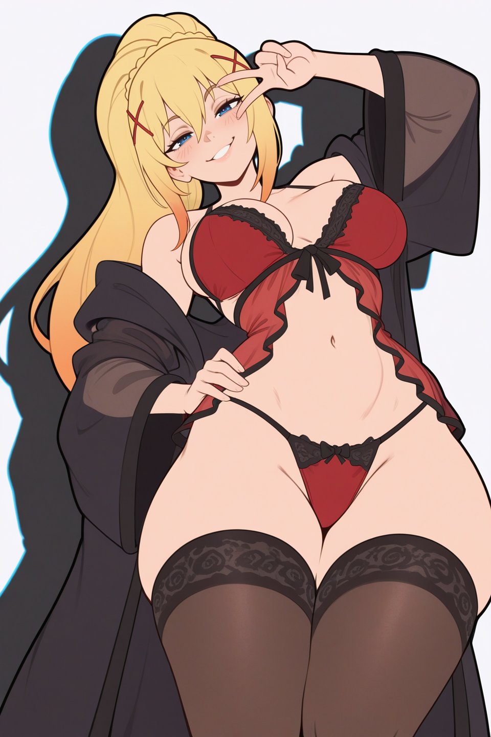 2d, 2d (artwork), ai assisted, ai generated, belly button, blonde hair, blue eyes, darkness (konosuba), hourglass figure, hourglass figured female, kono subarashii sekai ni shukufuku wo!, konosuba, large breasts, lingerie, lingerie only, long hair, looking at viewer, medium breasts, nightgown, ponytail, slim waist, smiling, smiling at viewer, smirking, smirking at viewer, stockings, supreme waifus, tagme, teenage girl, teenager, thick thighs, tied hair, v sign, viewed from below, white background, wide hips
