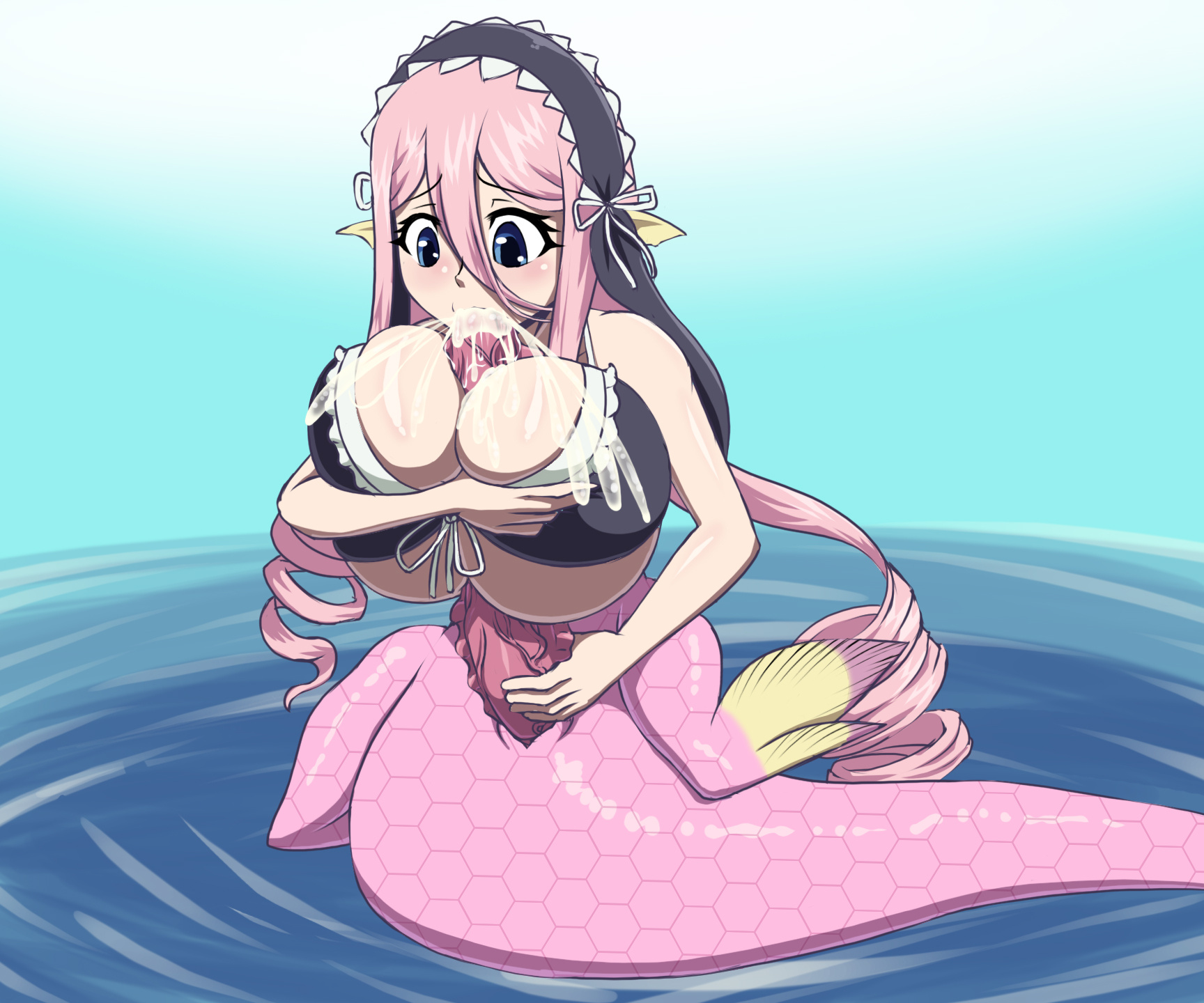 1futa, autofellatio, autopaizuri, big breasts, big penis, blue eyes, bosomancer, breasts, cum, female, futa only, futa sans balls, futanari, intersex, masturbation, merfolk, mermaid, meroune lorelei, monster girl, monster musume no iru nichijou, paizuri, penis, pink hair, solo, solo futa