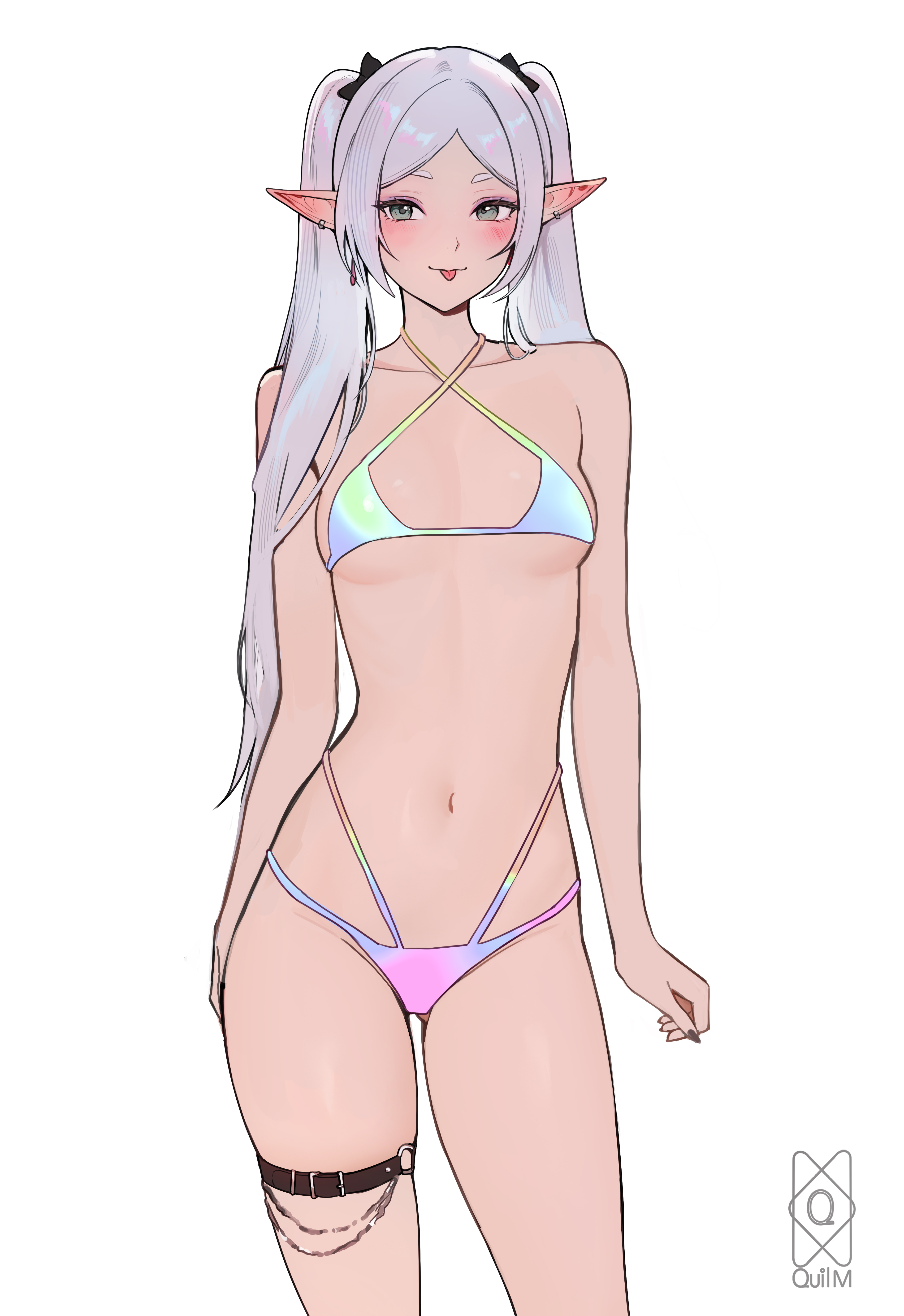 1girls, belly button, bikini, bikini bottom, bikini top, blush, elf, elf ears, elf female, elf girl, female, female only, frieren, frieren beyond journey's end, quilm, sousou no frieren, sticking out tongue, tongue, tongue out, white hair
