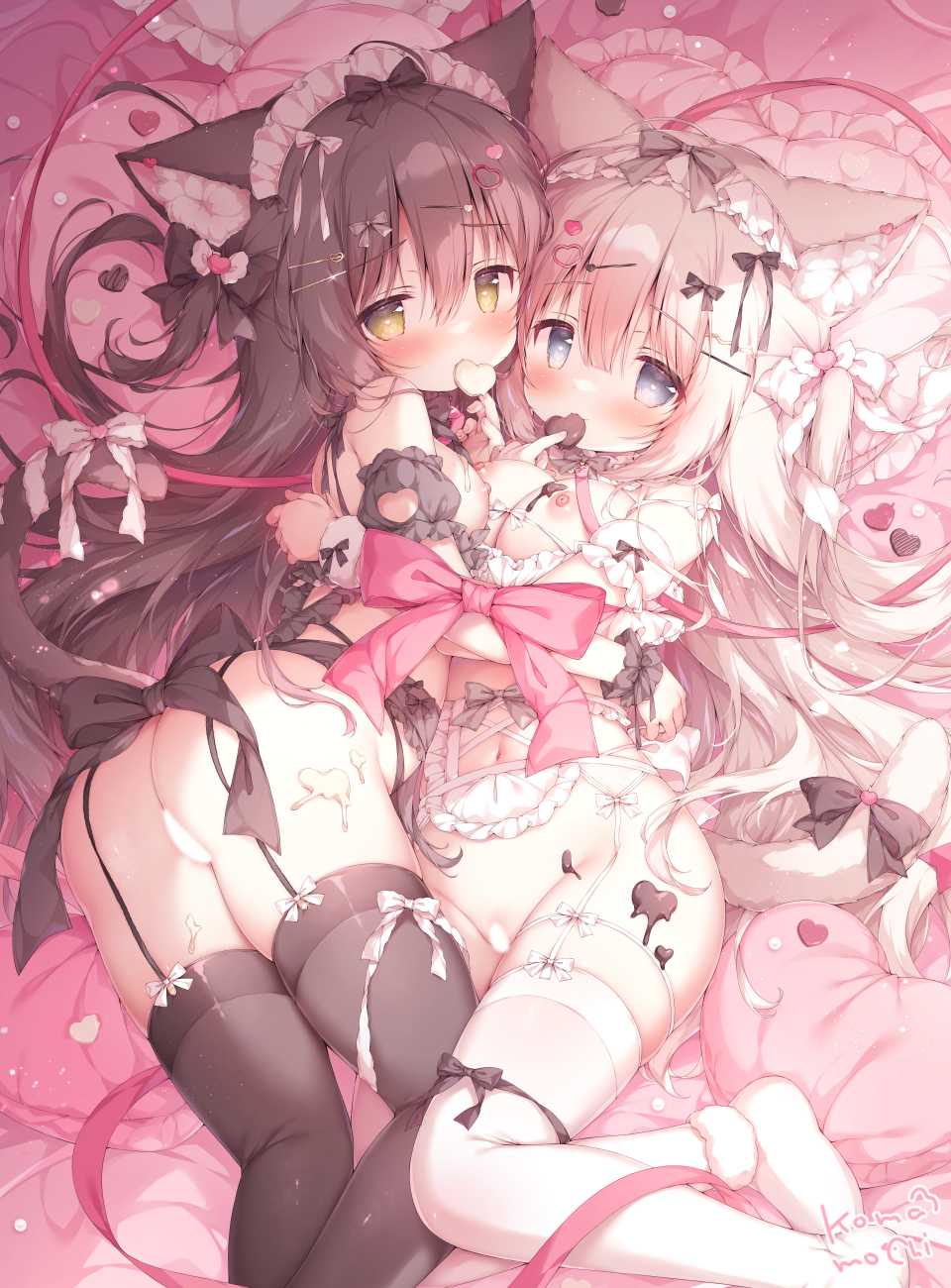 2girls animal_ears ass black_ribbon black_thighhighs blank_censor blue_eyes blush breasts brown_hair candy cat_ears cat_girl cat_tail censored chocolate chocolate_on_body commentary_request food food_on_body hair_between_eyes heart heart-shaped_chocolate heart-shaped_food heart-shaped_pupils highres large_breasts long_hair looking_at_viewer lying momozu_komamochi multiple_girls navel nipples on_bed oppai_loli original pink_hair red_ribbon ribbon signature symbol-shaped_pupils tail thighhighs white_thighhighs yellow_eyes young younger_female yuri