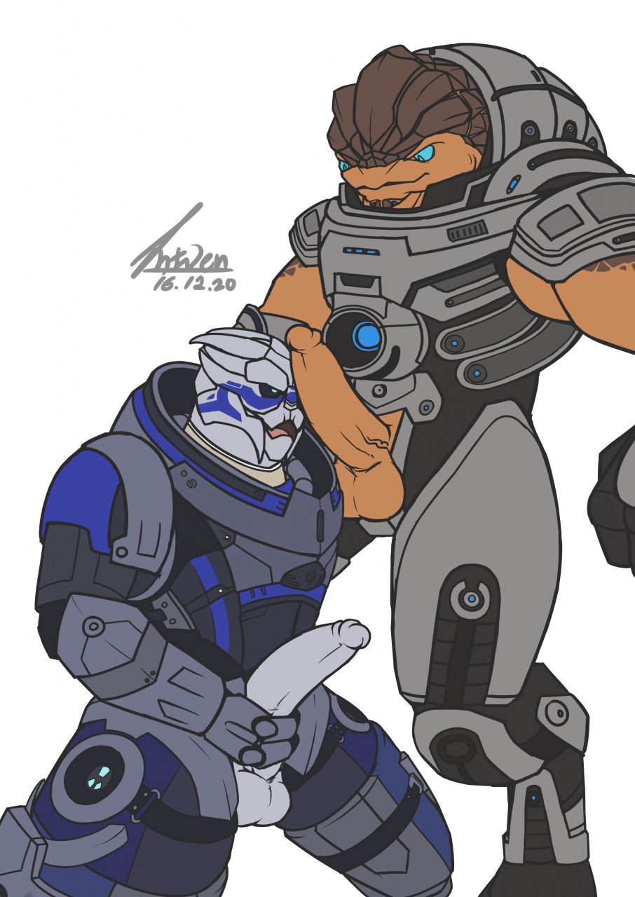 3_fingers alien anthro balls biceps erection fellatio garrus_vakarian gay holding_penis intven96 male male_only mass_effect muscle muscles muscular oral penis penis_on_face simple_background urdnot_grunt