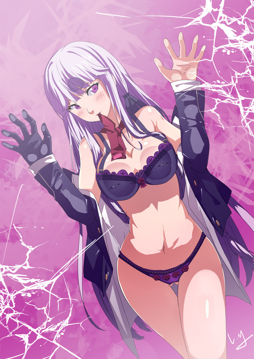 big_breasts blush bra danganronpa female female_only gloves kirigiri_kyouko long_hair looking_away panties pink_background purple_bra purple_eyes purple_hair purple_panties purple_underwear straight_hair thighs tie_in_mouth vest