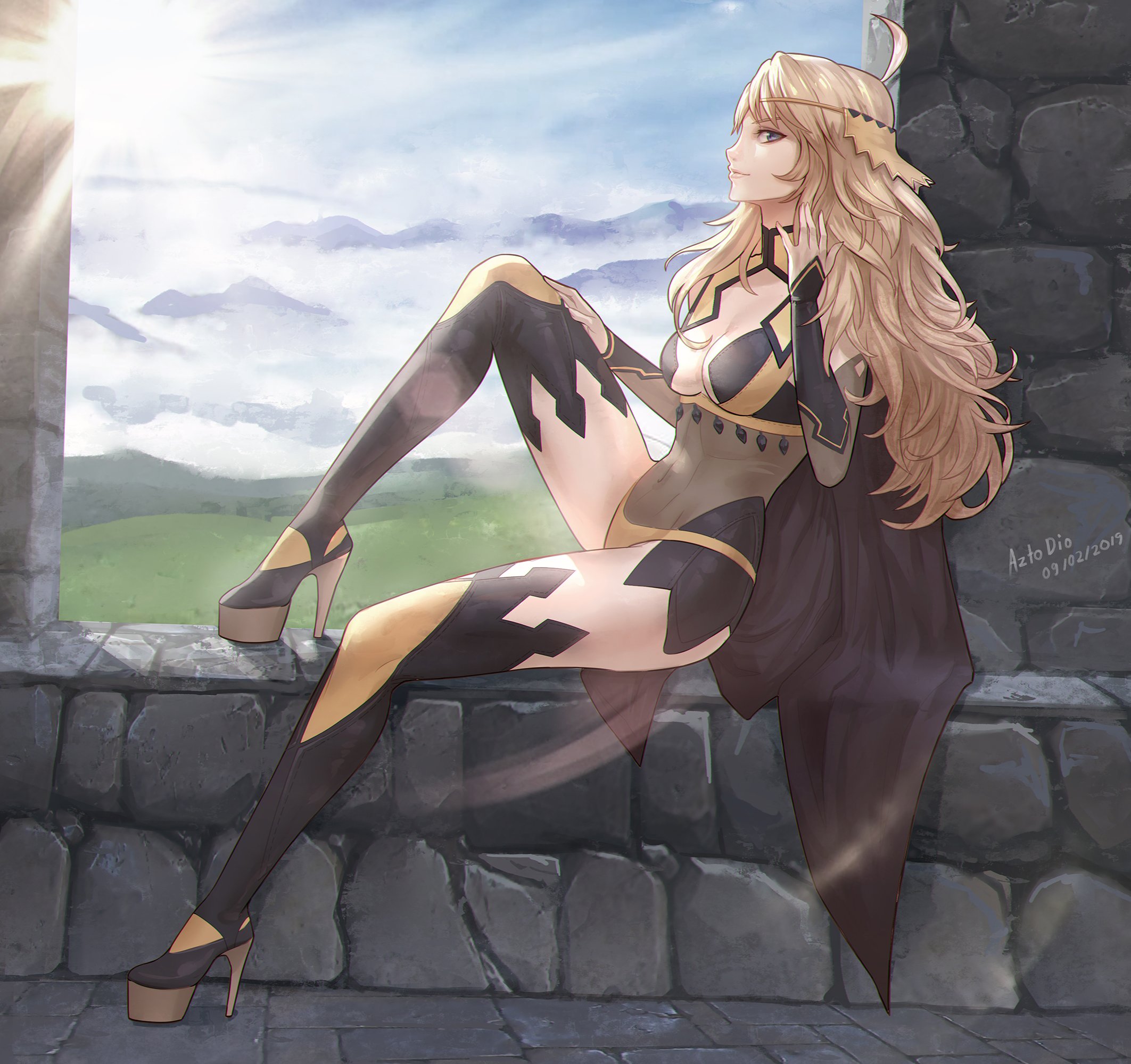 1girls, artist name, azto dio, blonde hair, blue sky, breasts, cape, center opening, cleavage, closed mouth, cloud, covered navel, dated, female, fire emblem, fire emblem fates, grey eyes, high heels, high resolution, in profile, long hair, medium breasts, ophelia (fire emblem), shoes, sitting, sky, solo, stone wall