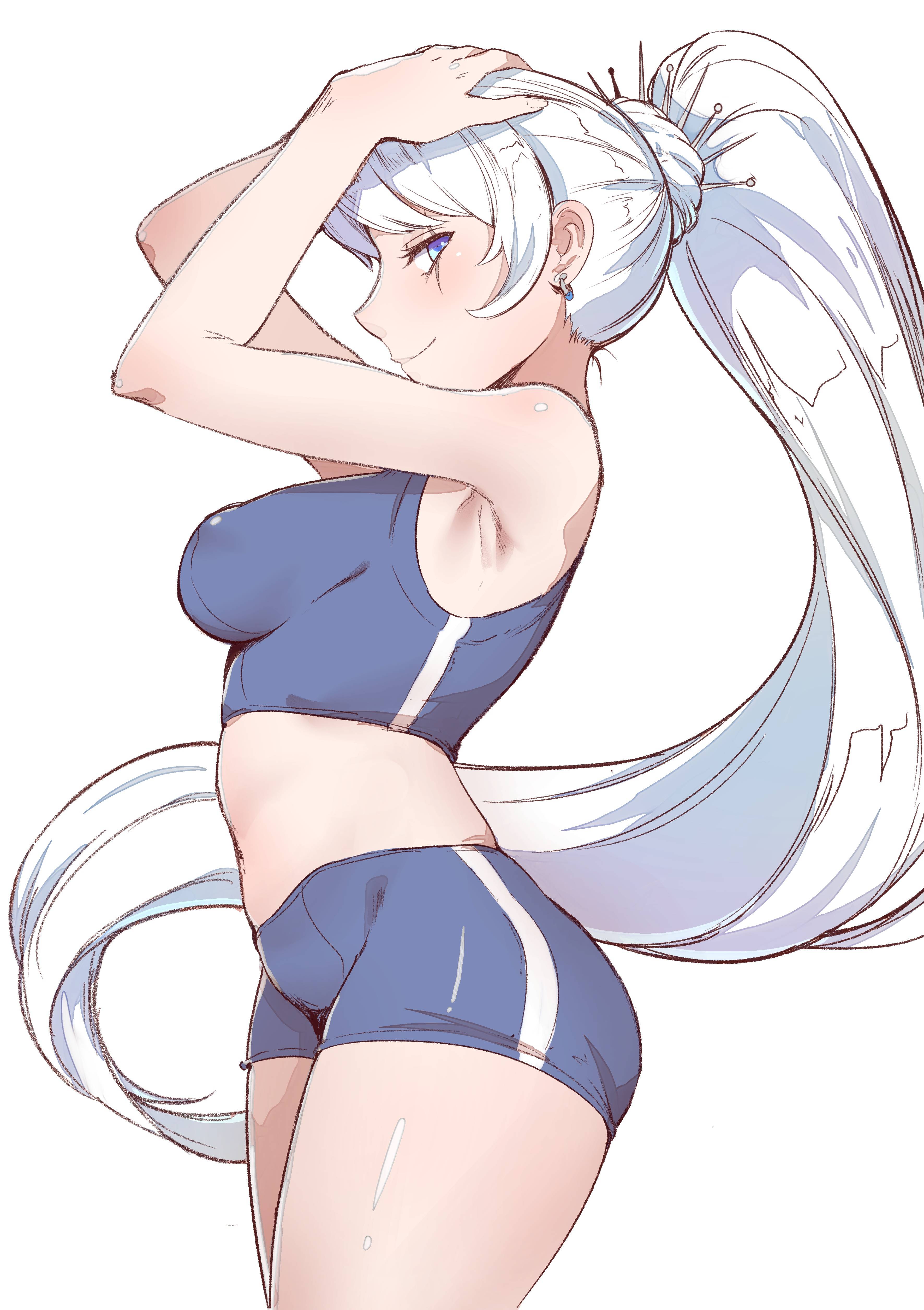 absurdres, arkasha, armpit, blush, female, female only, gym clothes, hand on head, looking at viewer, ponytail, rwby, scar, smile, solo, very long hair, weiss schnee, white hair