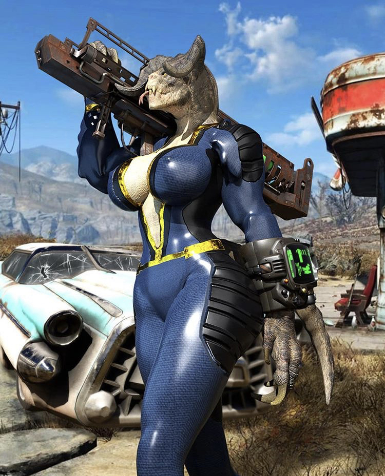 1girls 3d anthro anthrofied ass big_hands bodysuit breasts car claws cleavage clouds day deathclaw fallout fatman female female_deathclaw female_only grass horns huge_breasts large_ass outdoors scalie sky sowat-blend standing teeth thick_thighs tongue tongue_out vault_suit weapon wide_hips yellow_eyes