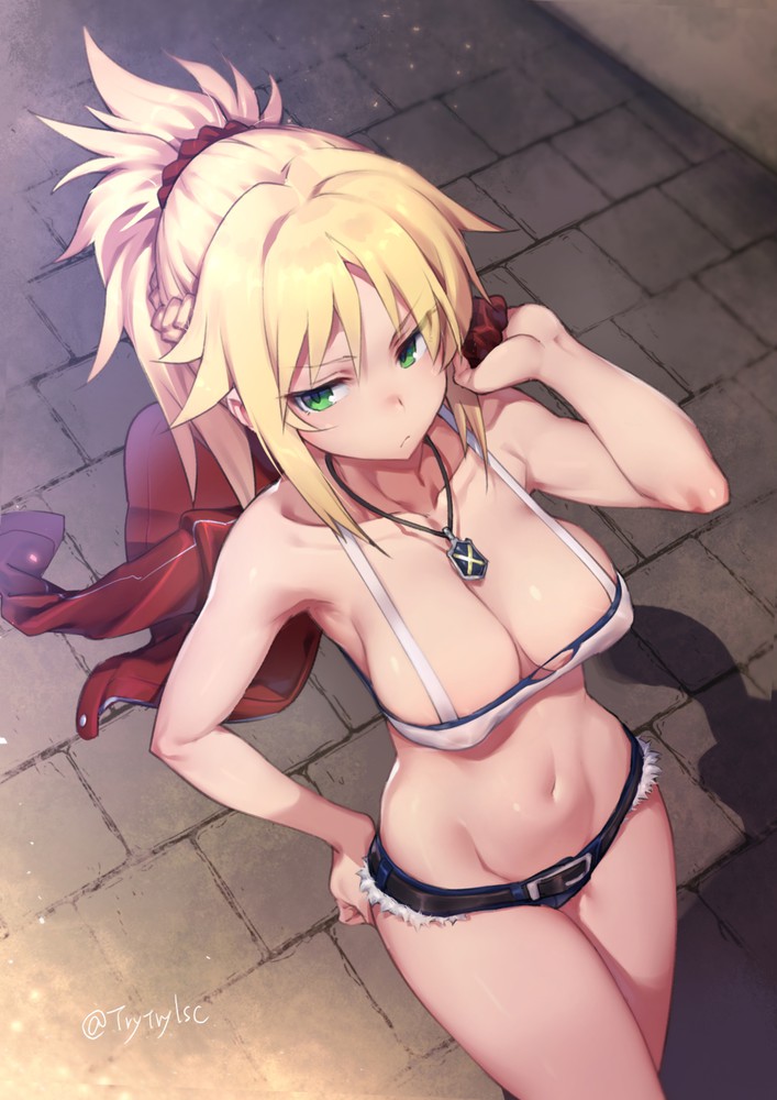 1girls barely_clothed blonde_hair breasts cleavage denim_shorts fate/apocrypha fate/grand_order fate_(series) female green_eyes medium_breasts midriff mordred_(fate) navel outdoors ponytail revealing_clothes short_shorts shorts skimpy solo strapless thighs try