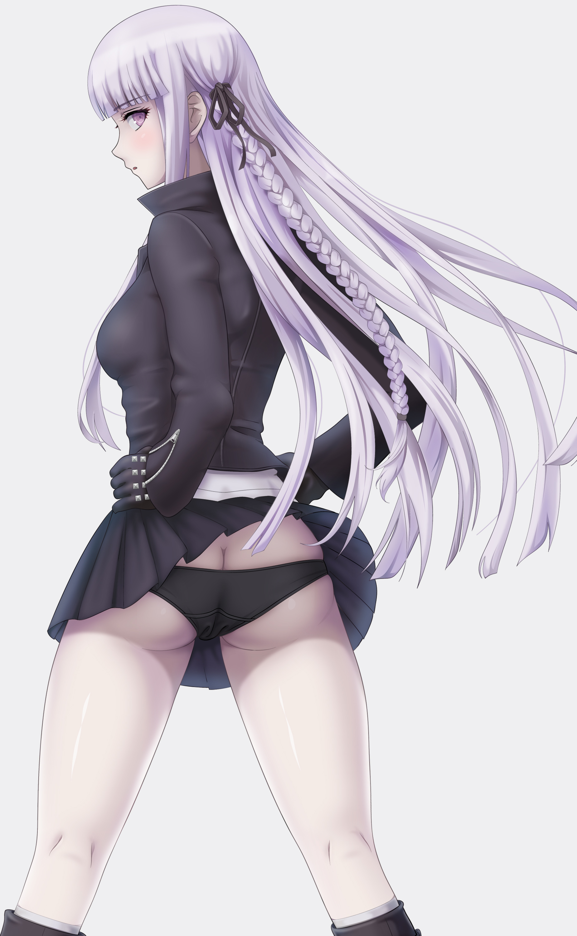 ass, ass cleavage, ass crack, black panties, blush, boots, butt crack, clothed, danganronpa, danganronpa: trigger happy havoc, female, female only, gloves, human, kirigiri kyoko, long hair, looking at viewer, looking back, nanikairu, open mouth, panties, pasya-pasya, purple eyes, purple hair, purple skirt, purple vest, simple background, skirt, skirt lift, straight hair, vest, white background