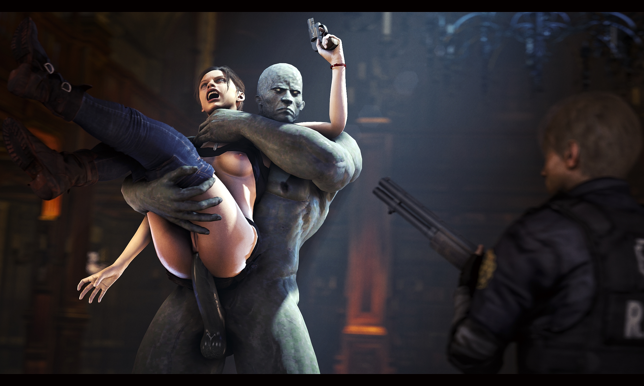 1girls, 1monster, 2boys, 3d, 3d (artwork), anal, anal sex, capcom, cheopsfm, claire redfield, clothing, clothing aside, female, firearm, gun, handgun, helpless, human, humanoid, indoors, larger male, leon scott kennedy, lifted, male, monster, mr x, pants down, partially clothed, rape, resident evil, resident evil 2, resident evil 2 remake, resisting, reverse suspended congress, revolver, riding, sex, shotgun, size difference, smaller female, source filmmaker, straight, strangling, tyrant, uncensored, vagina, weapon