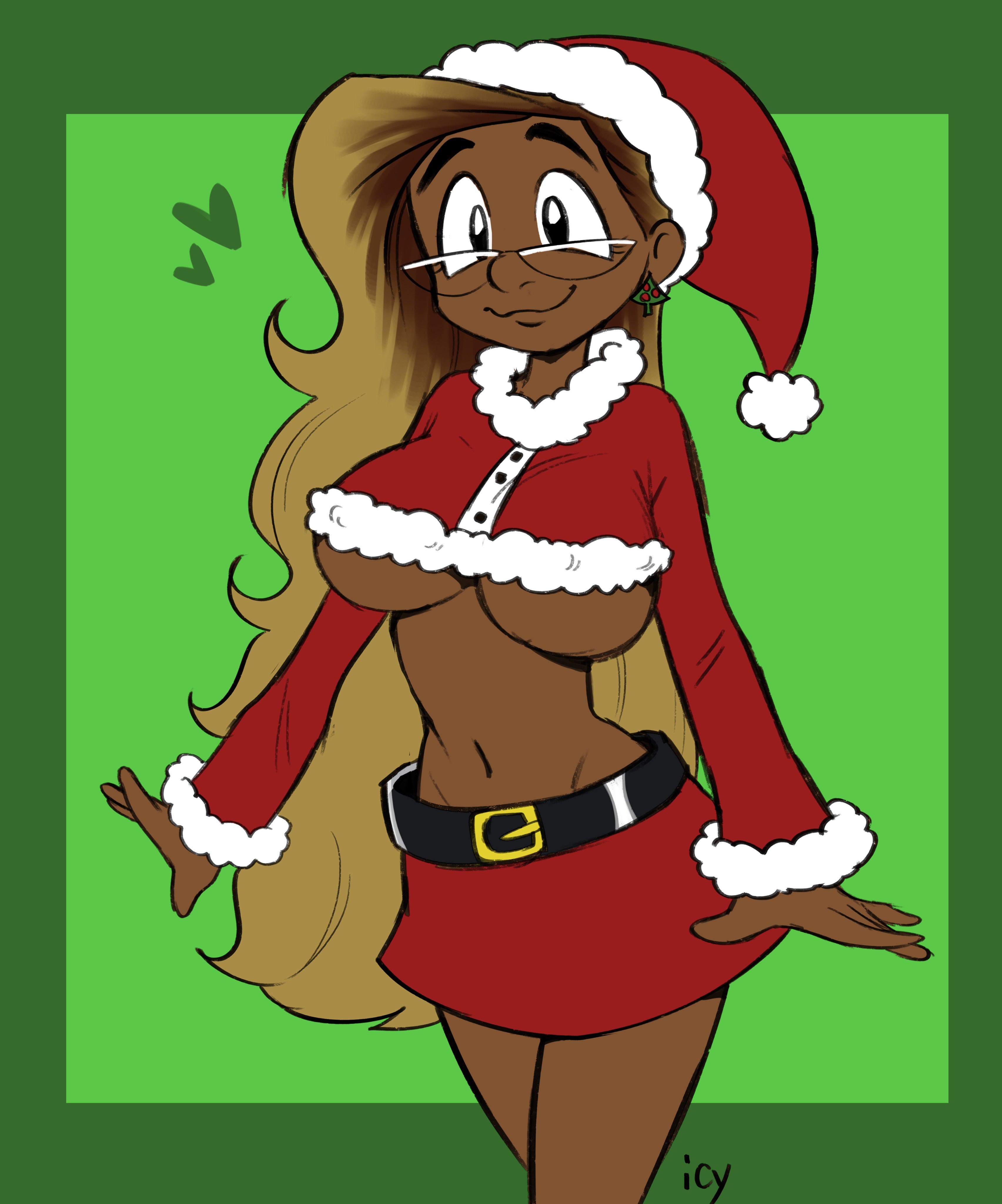 black skin, breasts, christmas, christmas outfit, dark skin, dark-skinned female, female, glasses, hips, iseenudepeople, long hair, petunia (iseenudepeople), piercing, santa hat, skirt, smile, underboob
